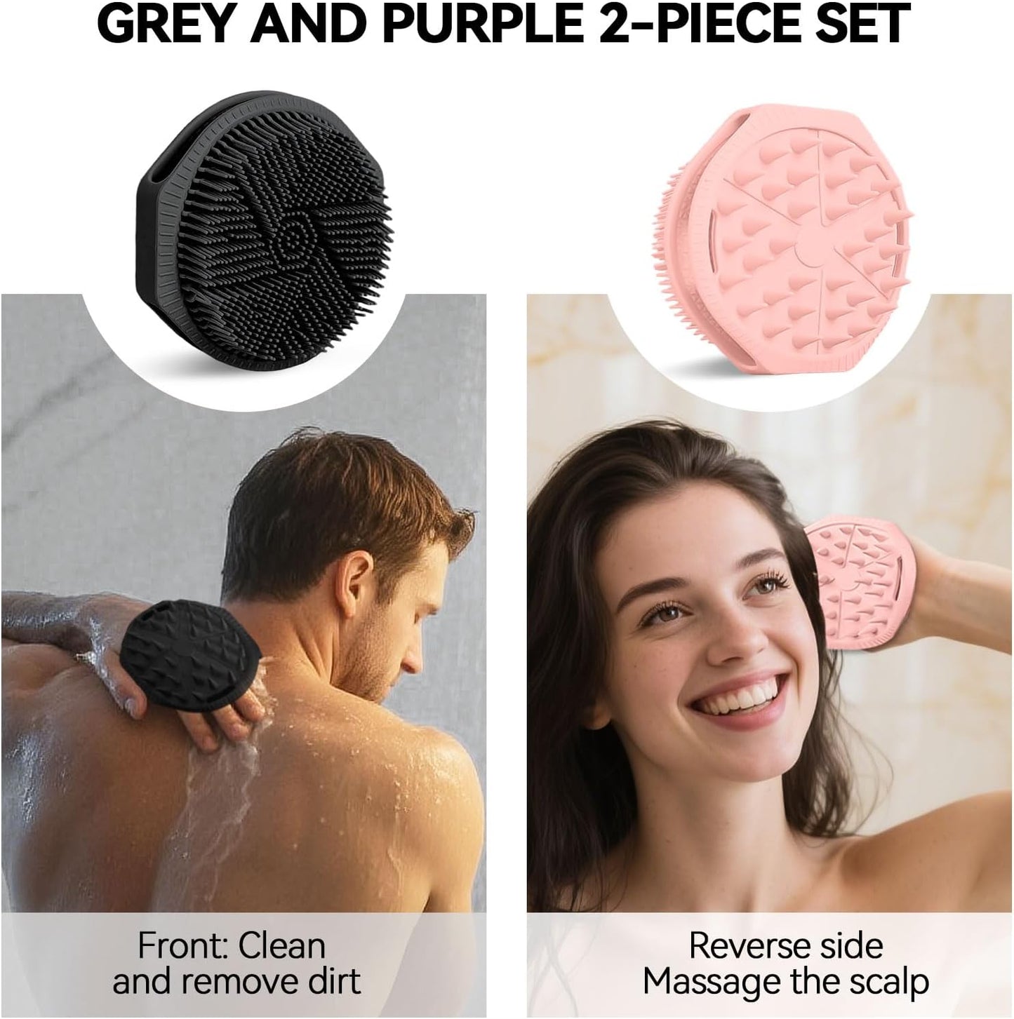 2-Pack Soft Silicone Dual-Sided Body Scrubber & Loofah | Gentle Exfoliating Shower Brush for Men & Women | Creates Rich Lather, Easy to Clean (Black & Pink)