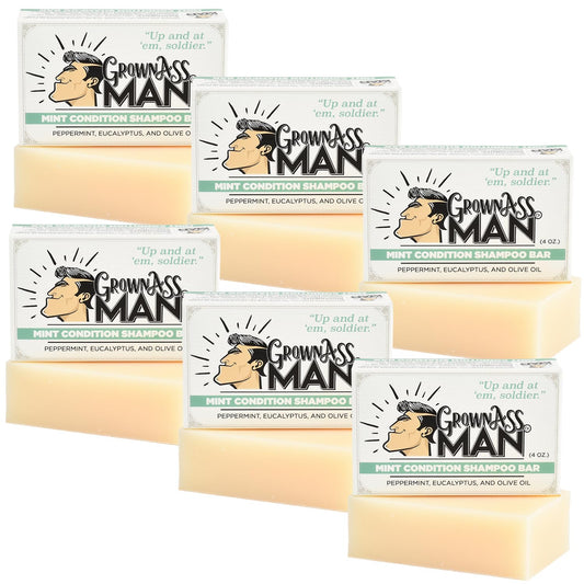 Grown Ass Man Co. - Solid Shampoo Bar Rich Lather 3 in 1: Hair, Beard & Body Wash - Plastic Free & Eco-Friendly, Natural & Organic Clean for All Hair Types, 4oz Bar (Mint Condition, 6-Pack)