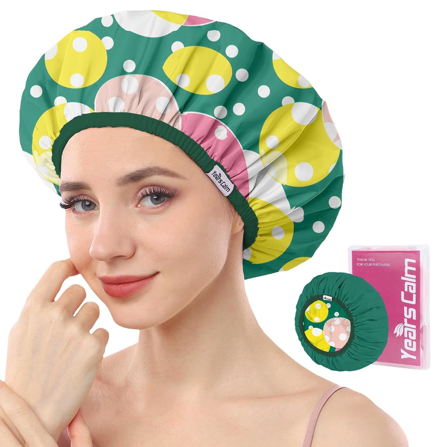 Years calm Luxury Shower Caps for Women Reusable Waterproof – Polka Dot Double Layer Bath Cap with Adjustable Elastic for Braids & Long Hair, Comfortable & Stylish, Versatile Use (Green)