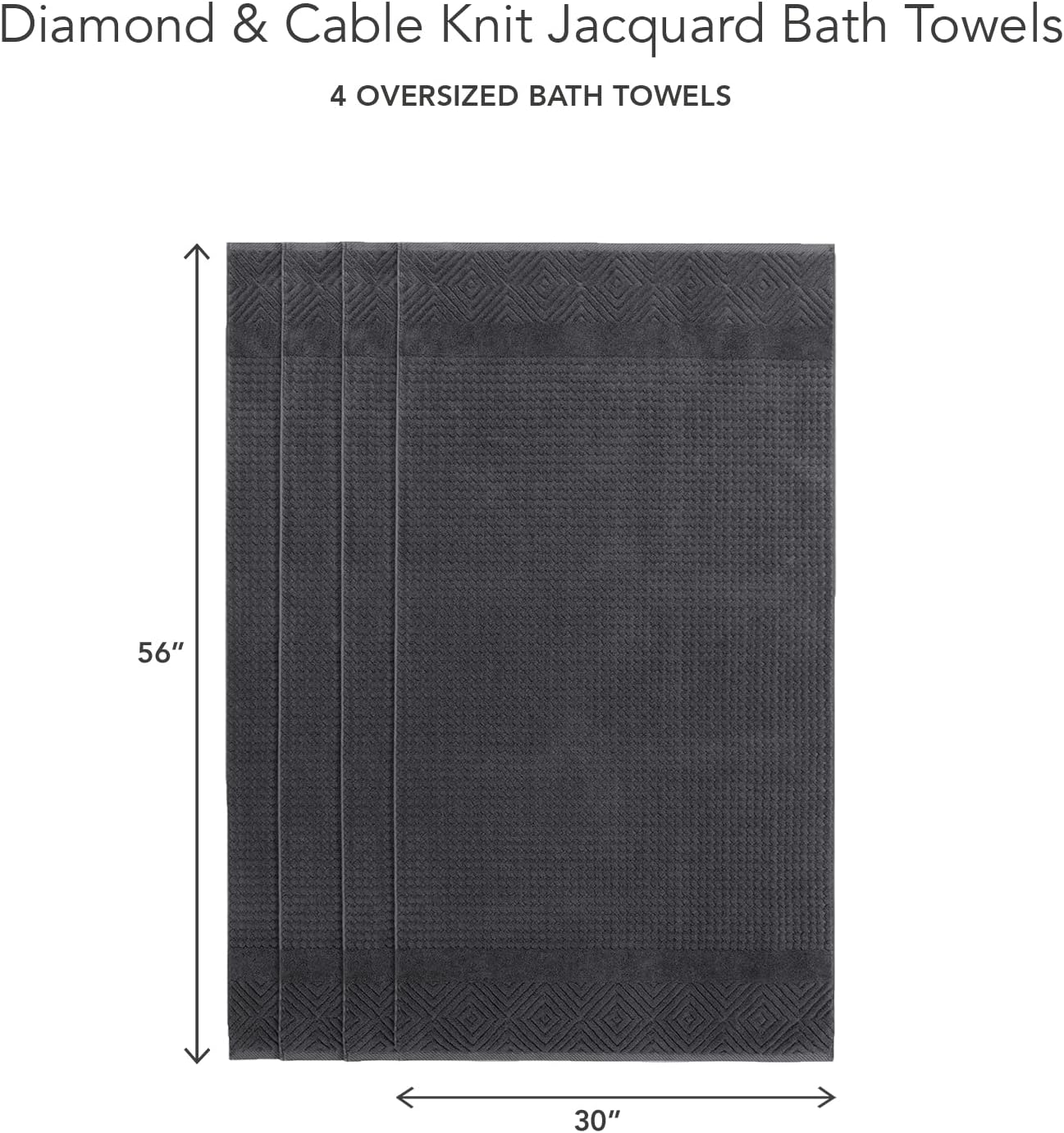 Texere 100% Organic Cotton Diamond Jacquard 700 GSM Luxury Bath Towel Sets - Ultra Soft and Absorbent Hotel and Spa Quality (Diamond, Black, 4 Bath Towels)