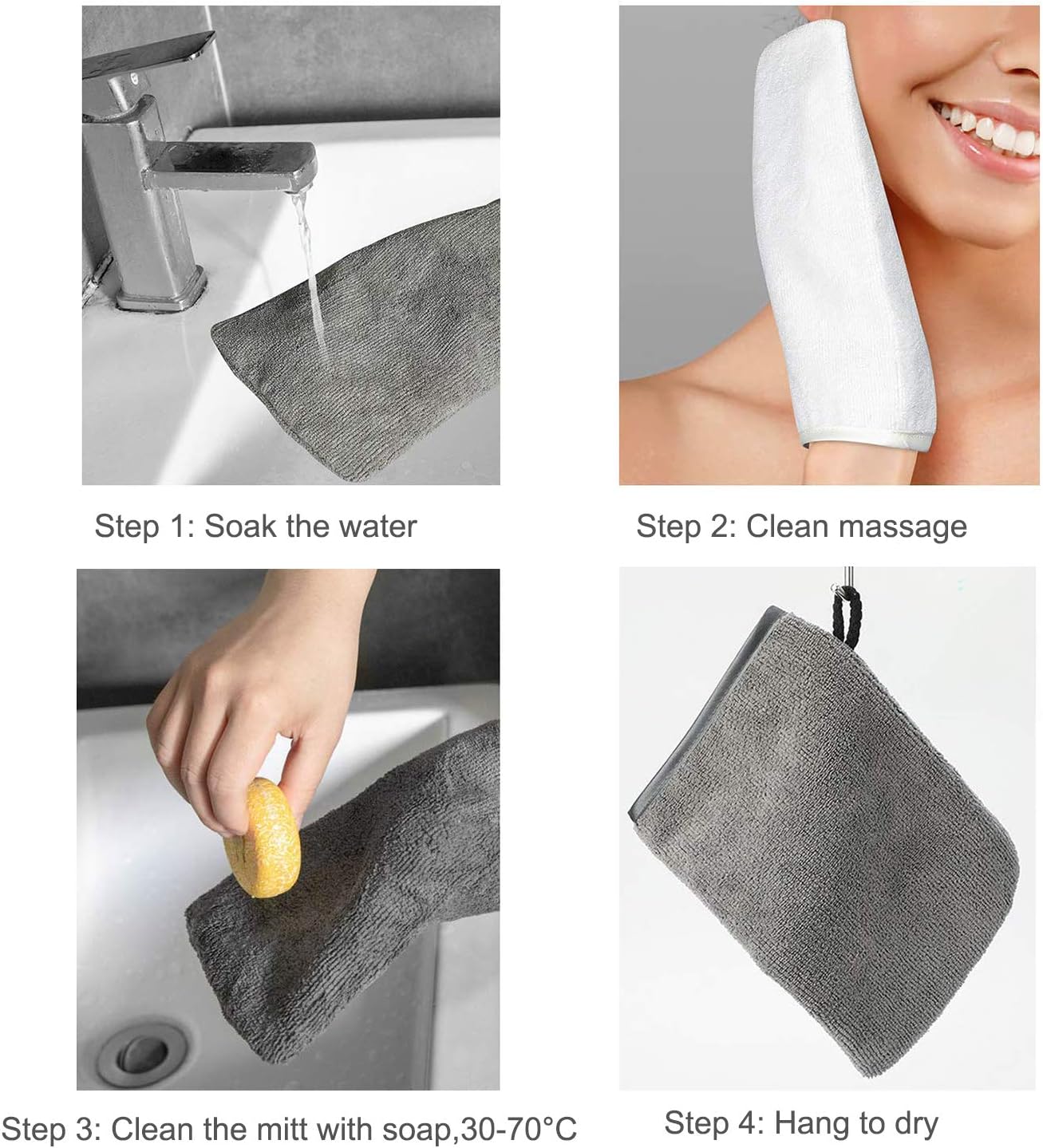 PHOGARY 10 Pack Microfiber Body Wash Mitts, Soft Face Mitten, Bath Spa Cloth, Reusable Makeup Remover Mitt Gloves, European Style Wash Cloth, 6×8 inch, White and Grey