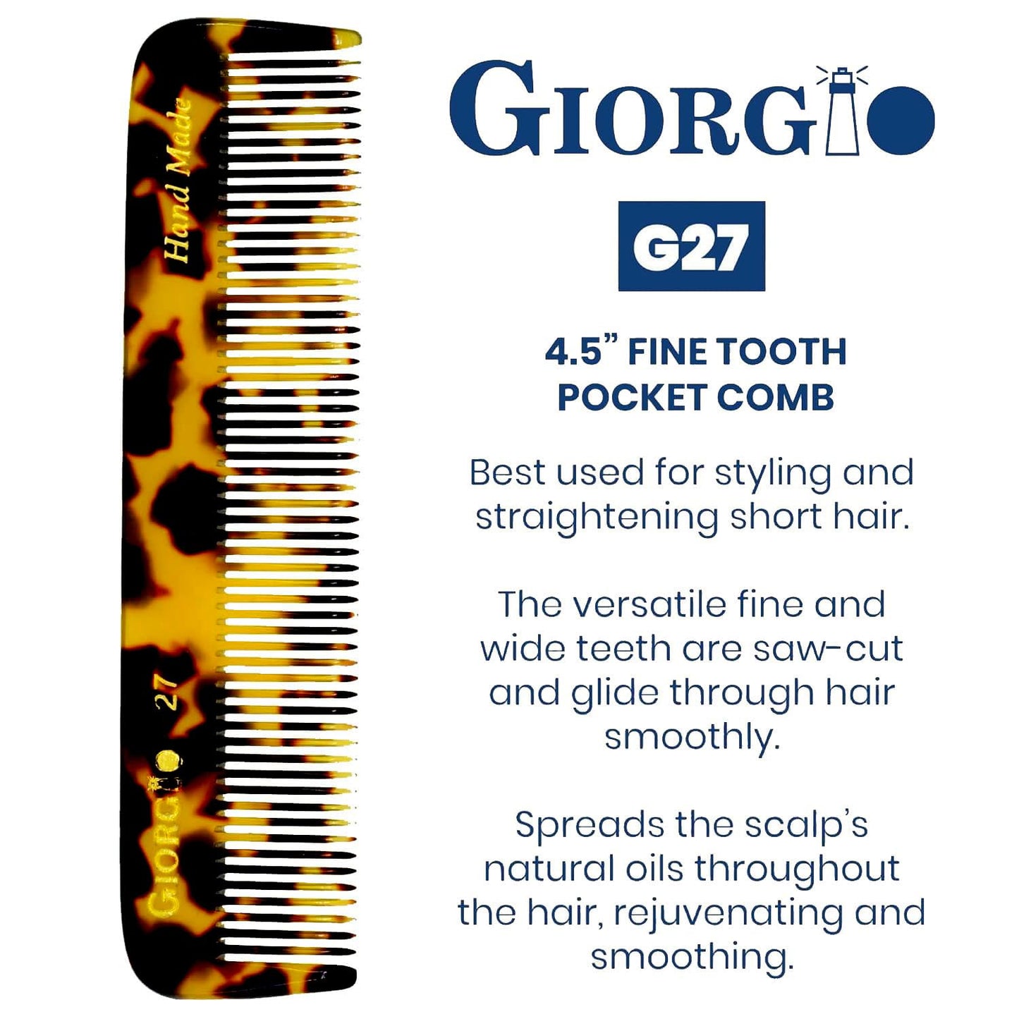 Giorgio G27 Handmade All Fine Tooth Pocket Comb, Hair Comb Straightener for Everyday Grooming Styling Hair, Mustache and Beard for Men Women and Kids, Use Dry or with Balms, Saw Cut and Polished