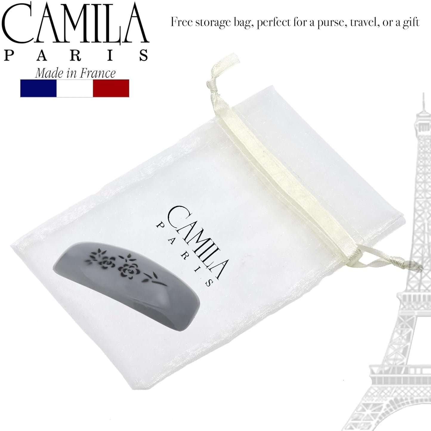 Camila Paris CP3439 French Hair Barrette Clip for Girls, Rubberized Automatic Clasp Strong Hold Grip Hair Clips for Women, No Slip and Durable Styling Girls Hair Accessories, Made in France (Gray)