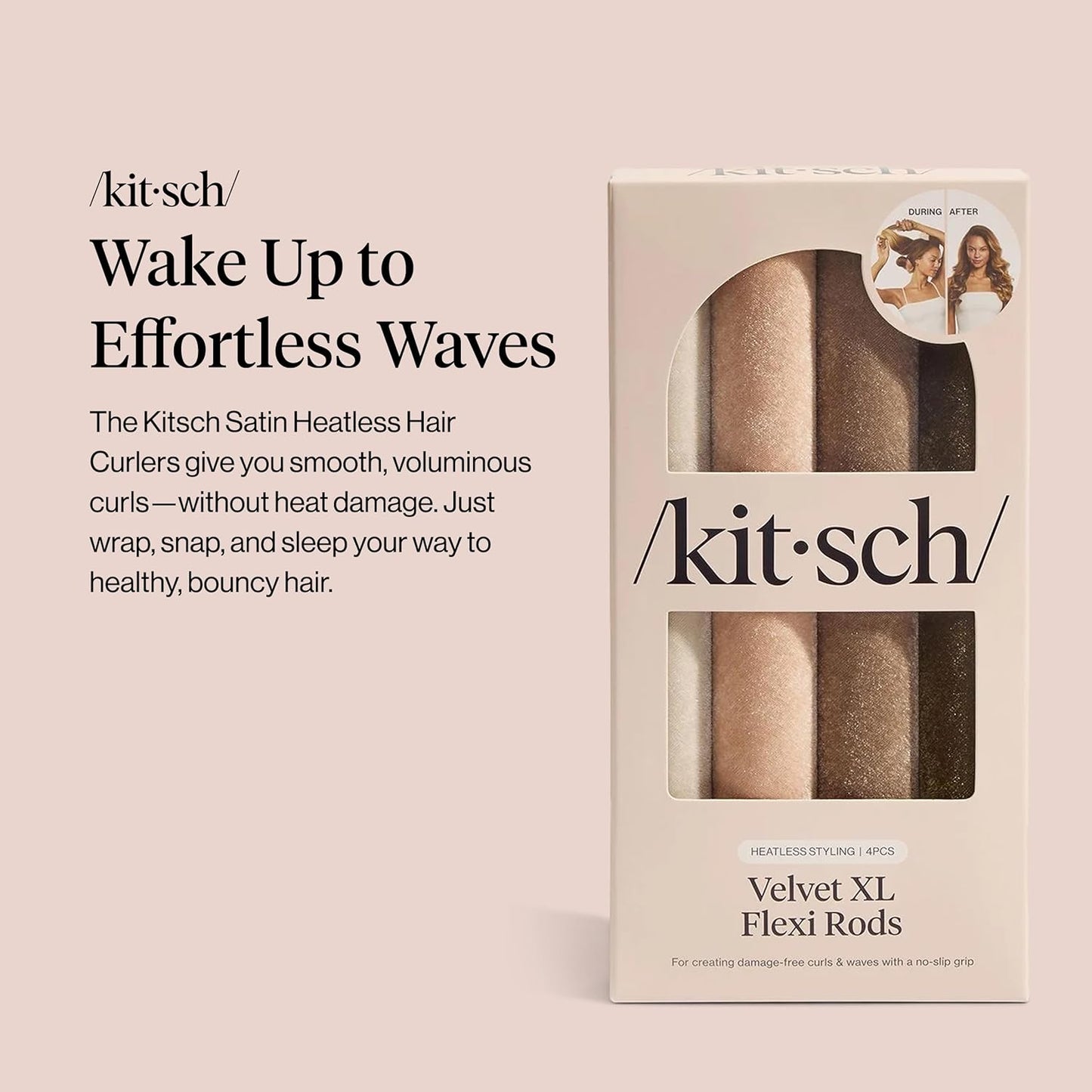 Kitsch XL Flexi Rods for Heatless Curls Overnight - Soft Velvet Hair Rollers for Women - Hair Curlers to Sleep In - Eucalyptus, 4pcs