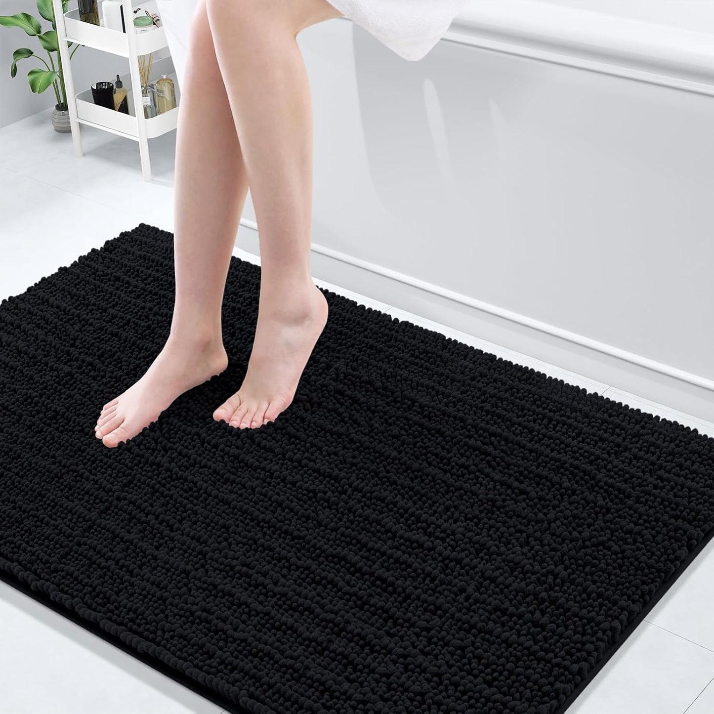 Arotive Luxury Chenille Bathroom Rug Mat, Extra Soft Thick Absorbent Shaggy Bath Rugs, Non-Slip Machine Wash Dry, Plush Bath Mats for Bathroom, Shower and Tub, 50x30, Black