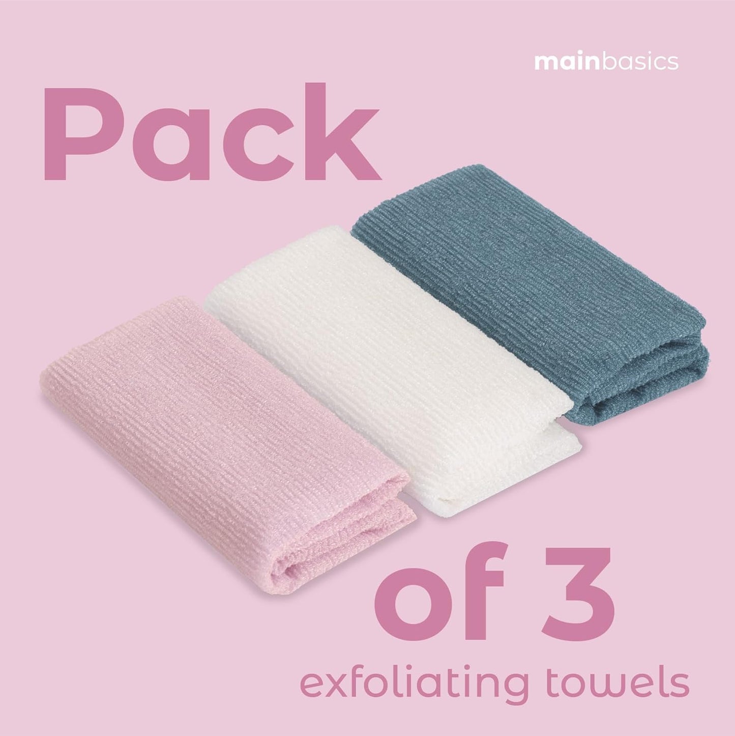 MainBasics Exfoliating Shower Towel - Japanese Nylon Bath Towel and Body Washcloth, Quick-Dry, Durable, Deep Exfoliation (Set of 3, Airy Blossom)