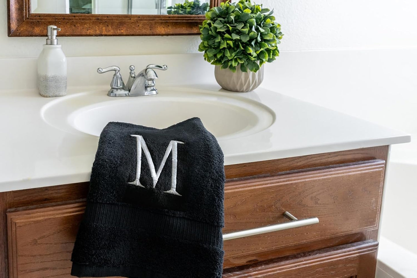 Black Initial Hand Towel for Bathroom - Monogrammed Luxury Hotel Quality Decorative Embroidered Towel for Powder Room, Spa - GOTS Organic Certified - Pack of 2, Letter M
