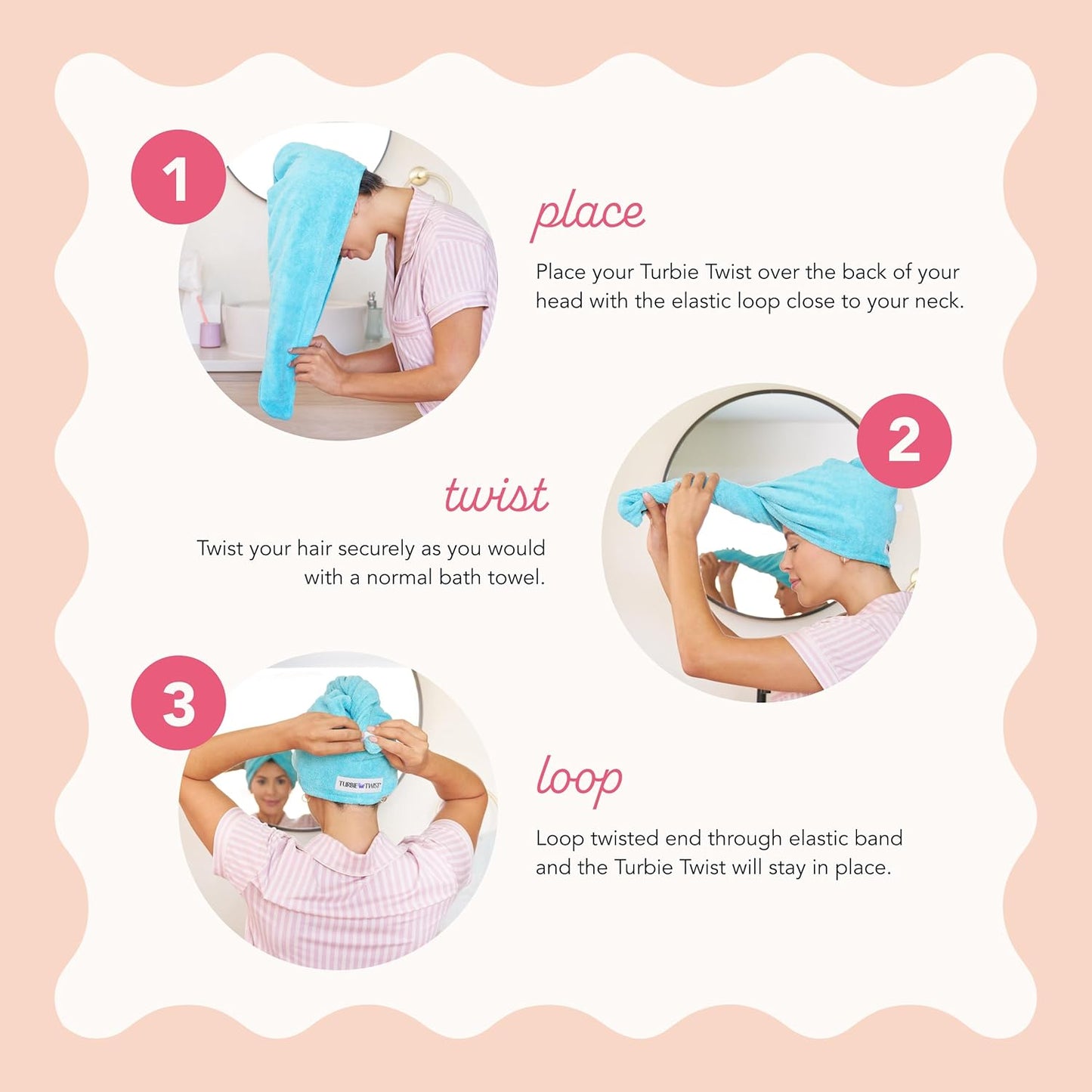 Turbie Twist 3-Pack Microfiber Hair Towel for Beauty, Travel, Gifting - Hair Wrap Turban for Straight, Wavy & Curly Hair - Premium Personal Care - Gray, Blue & Pink