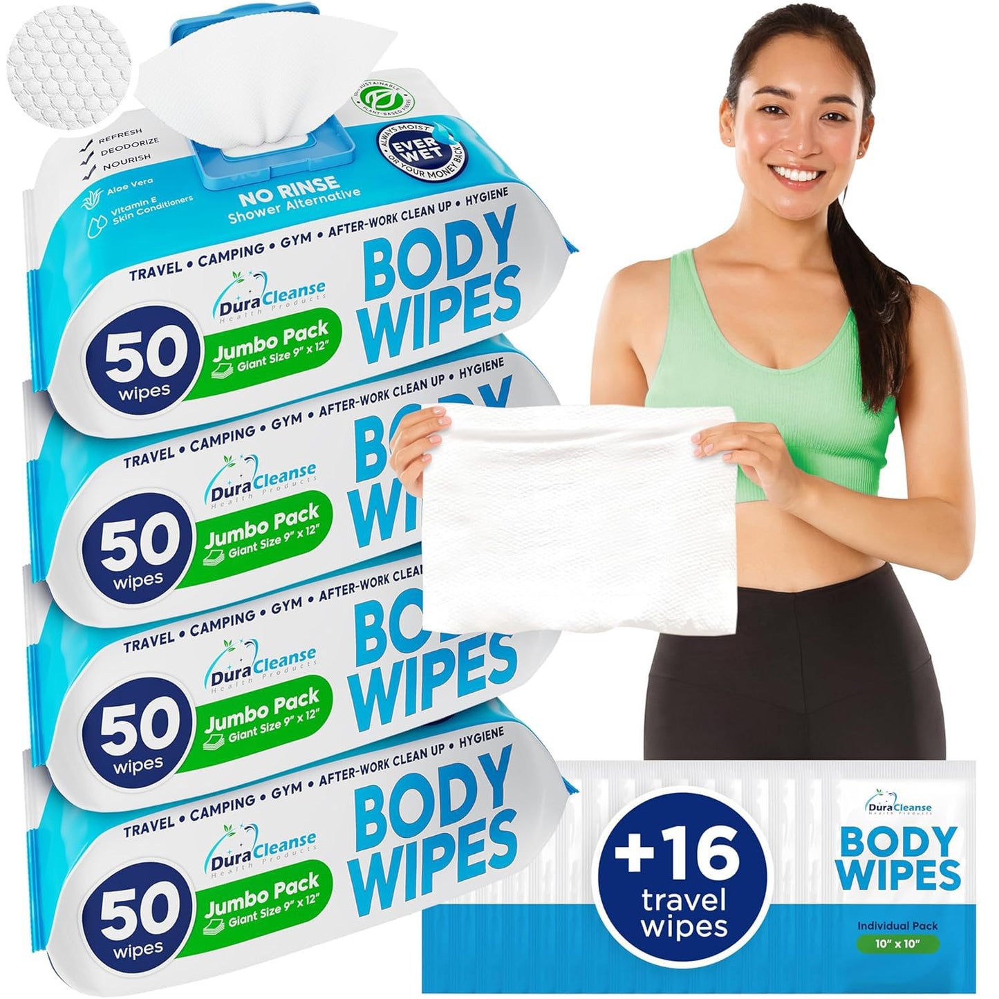 XL Body Wipes - (4 Pack) 200 Shower Wipes + 16 Travel Bath Sheets for Adults - 9"x12" Cleansing No Rinse Disposable Wash Cloths for Elderly Incontinence, After Surgery Must Haves & Recovery Supplies