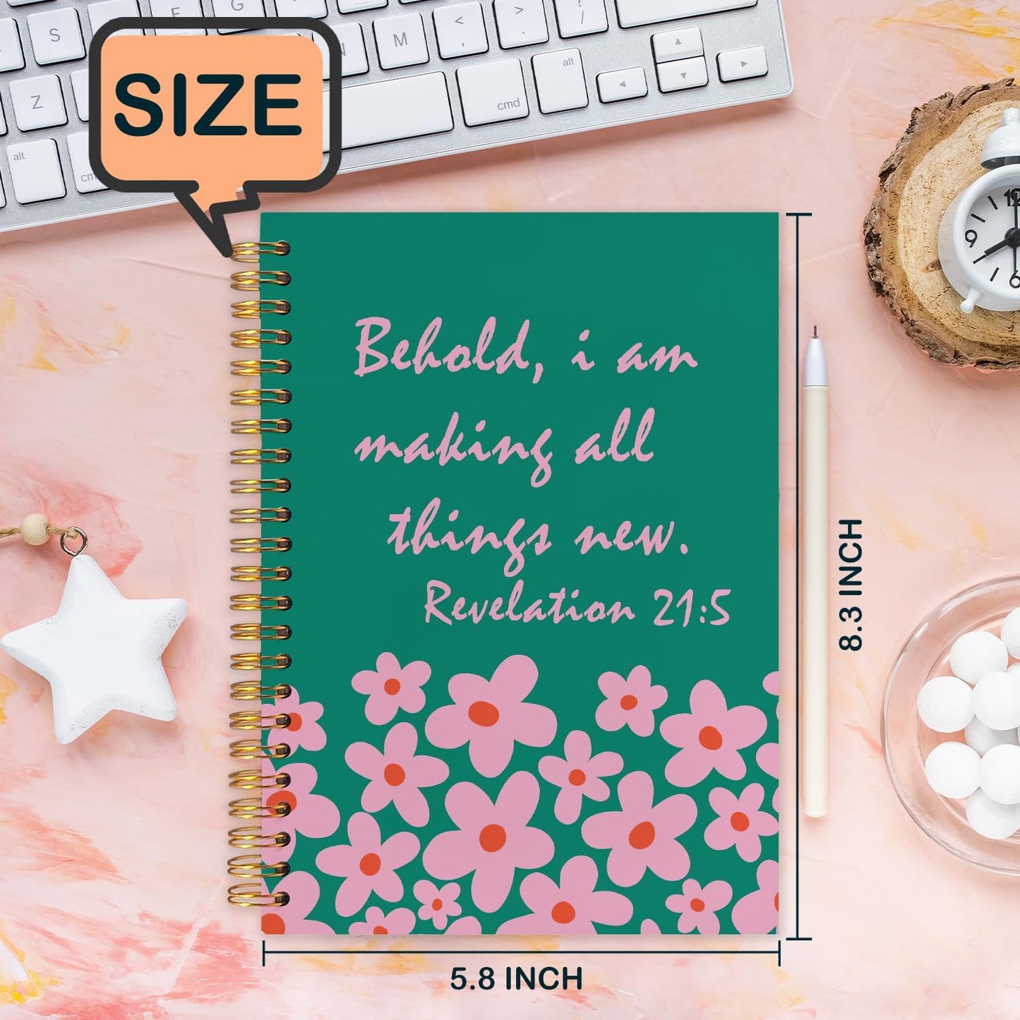 Inspirational Green Floral Christian Spiral Journal Notebook 5.5x8.3in, Prayer Bible Journal for Woman, Revelation 21:5 Bible Notebooks for Note Taking, Religious Hardcover Notebook