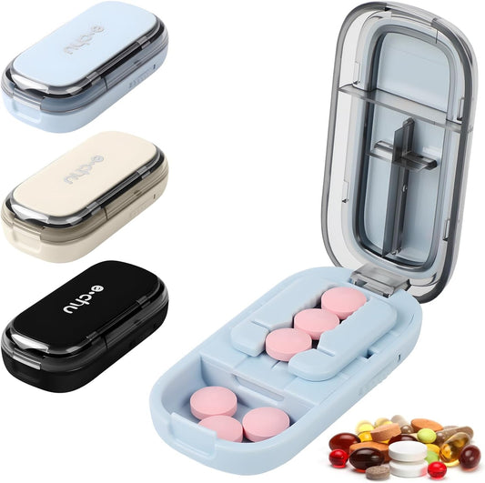 Pill Cutter Splitter for Small and Tiny Pills, Larger Pills, Echu Pill Cutter, Adjustable 1/2 1/4 Splitter with Improved Sharp Blade, Accurate Centering Alignment Device (Blue)