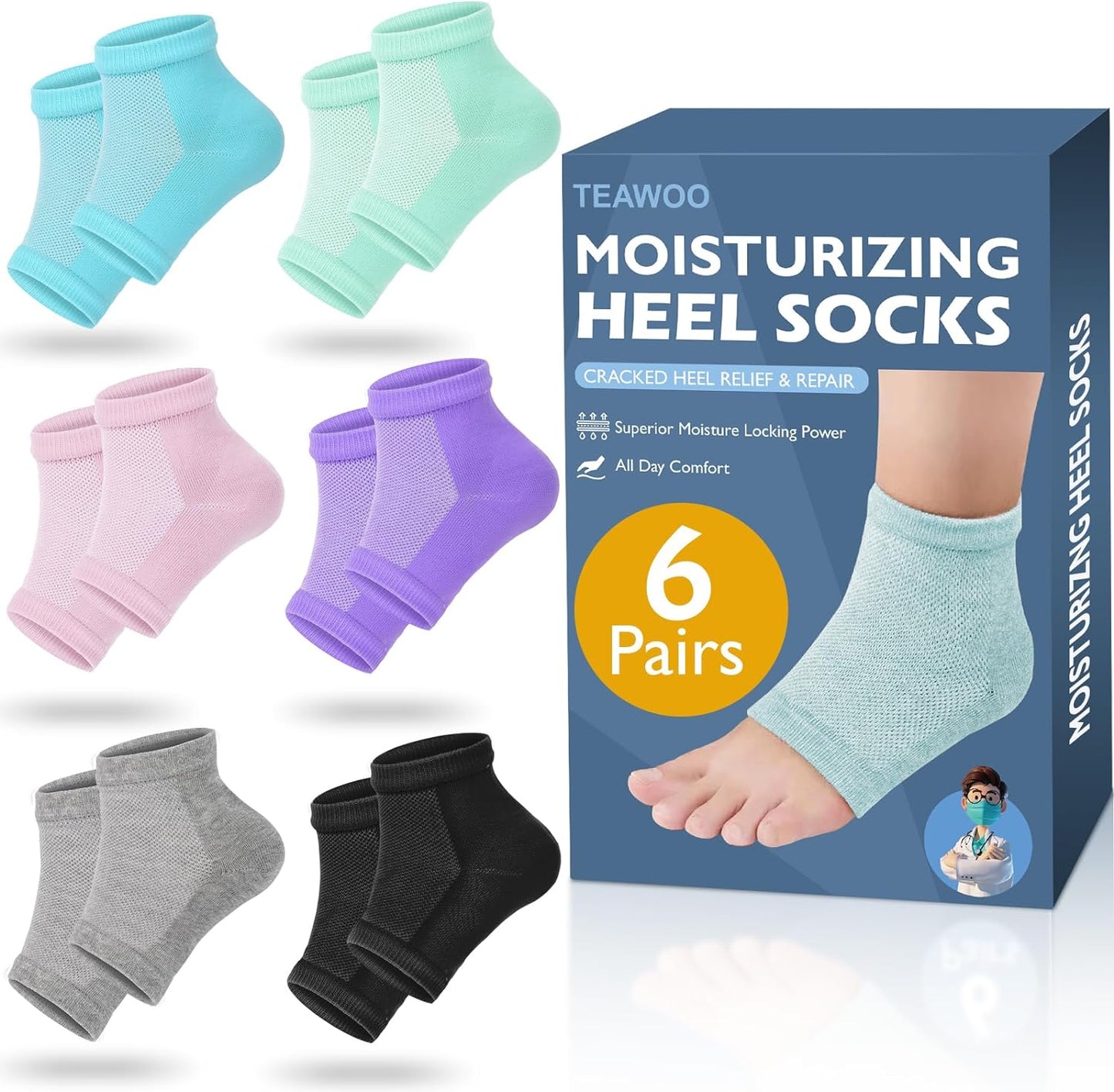 Moisturizing Heel Socks - 6 Pairs for Dry Cracked Feet, Toeless Gel Socks for Hydration and Repair