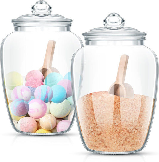 2 Sets 74 oz Bath Salt Container with Airtight Lid and Scoop Big Glass Jar with Wooden Scoop for Bath Flour Salt Candy Tea(Clear)