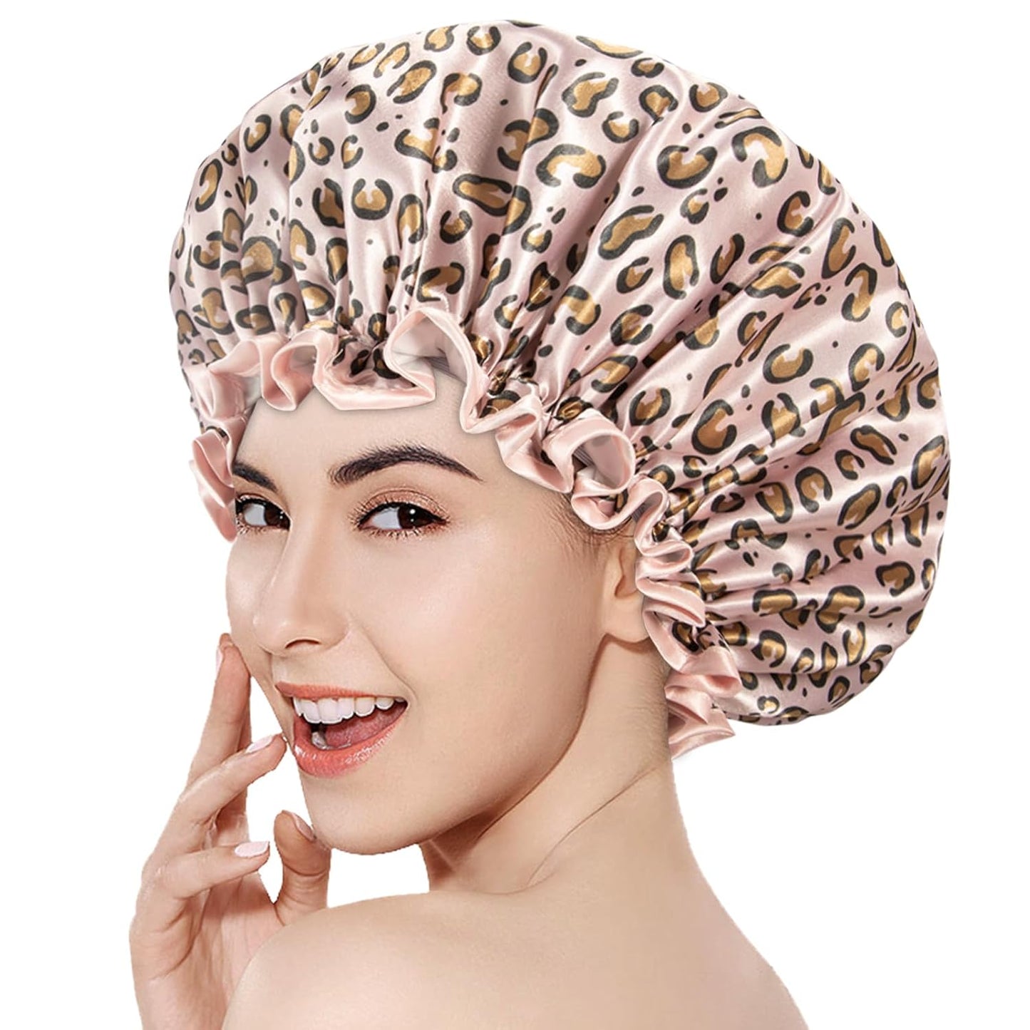 Aquior Shower Cap for Women, Reusable Shower Caps for Womens, Adult Hair Cap for All Hair, Double Waterproof EVA Lining, Leopard Shower Cap for Long Thick Hair