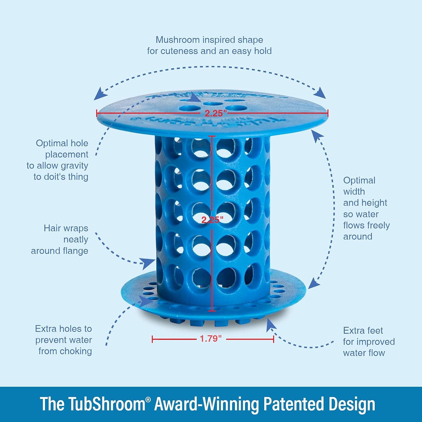 TubShroom Tub Drain Hair Catcher Strainer, Blue – Drain Protector and Hair Catcher for Bathroom Drains, Fits 1.5” – 1.75” Bathtub and Shower Tub Drains