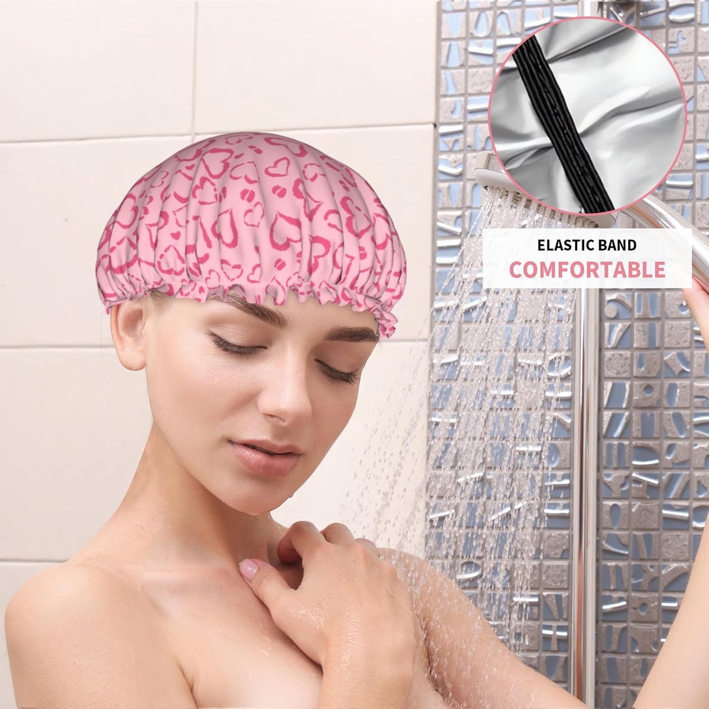 Leopard Print Reusable Shower Caps Pink Heart Dual-Layer Waterproof Bath Hat Hair Caps Elastic Hair Hat for Shower Cooking Clean Makeup Travel