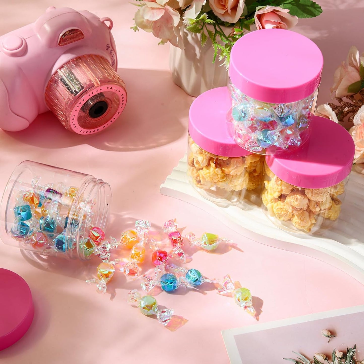 SATINIOR 12 Pack 8 oz Plastic Container Jars with Lids Round Clear Travel Cosmetic Container Slime Jars for Toiletries, Lotion, Cream, Ointments, Makeup, Rhinestone, Samples, Kitchen Storage(Pink)