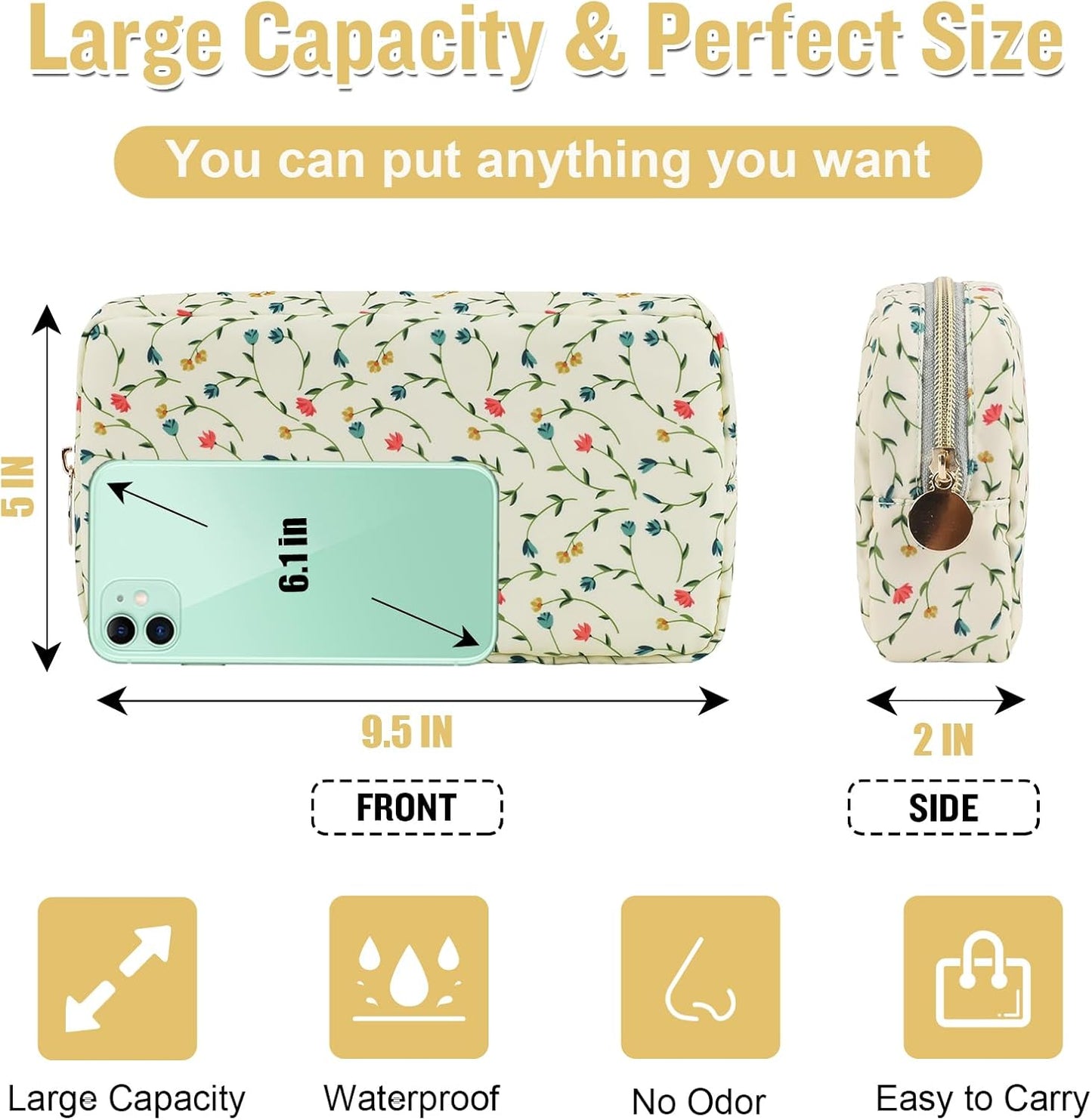 Nylon Small Floral Makeup Bag for Purse, Cute Preppy Makeup Bag Cosmetic Zipper Pouch Purse, Waterproof Portable Travel Toiletry Makeup Brush Bag Organizer Storage for Women Girls(Light Yellow-Flower)