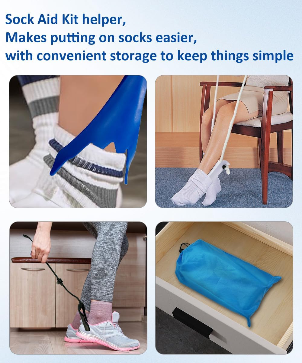 Sock Aids for Putting On Socks, No Bending Flexible Sock Aid Device with Shoe Horn Long-Handle Back Scratcher for Seniors/Disabled, Easy On and Off Sock Helpers (Basic)