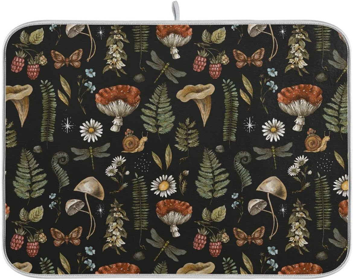 Mushroom Fern Leaves Berry Dish Drying Mat for Kitchen Counter Vintage Botanical Nature Drying Mats Super Absorbent Reversible Microfiber Kitchen Countertop Protector Dishes Pad Large18x24 inch