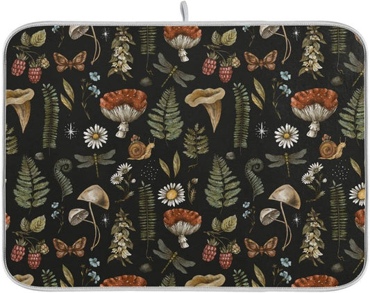 Mushroom Fern Leaves Berry Dish Drying Mat for Kitchen Counter Vintage Botanical Nature Drying Mats Super Absorbent Reversible Microfiber Kitchen Countertop Protector Dishes Pad Medium 16x18 inch
