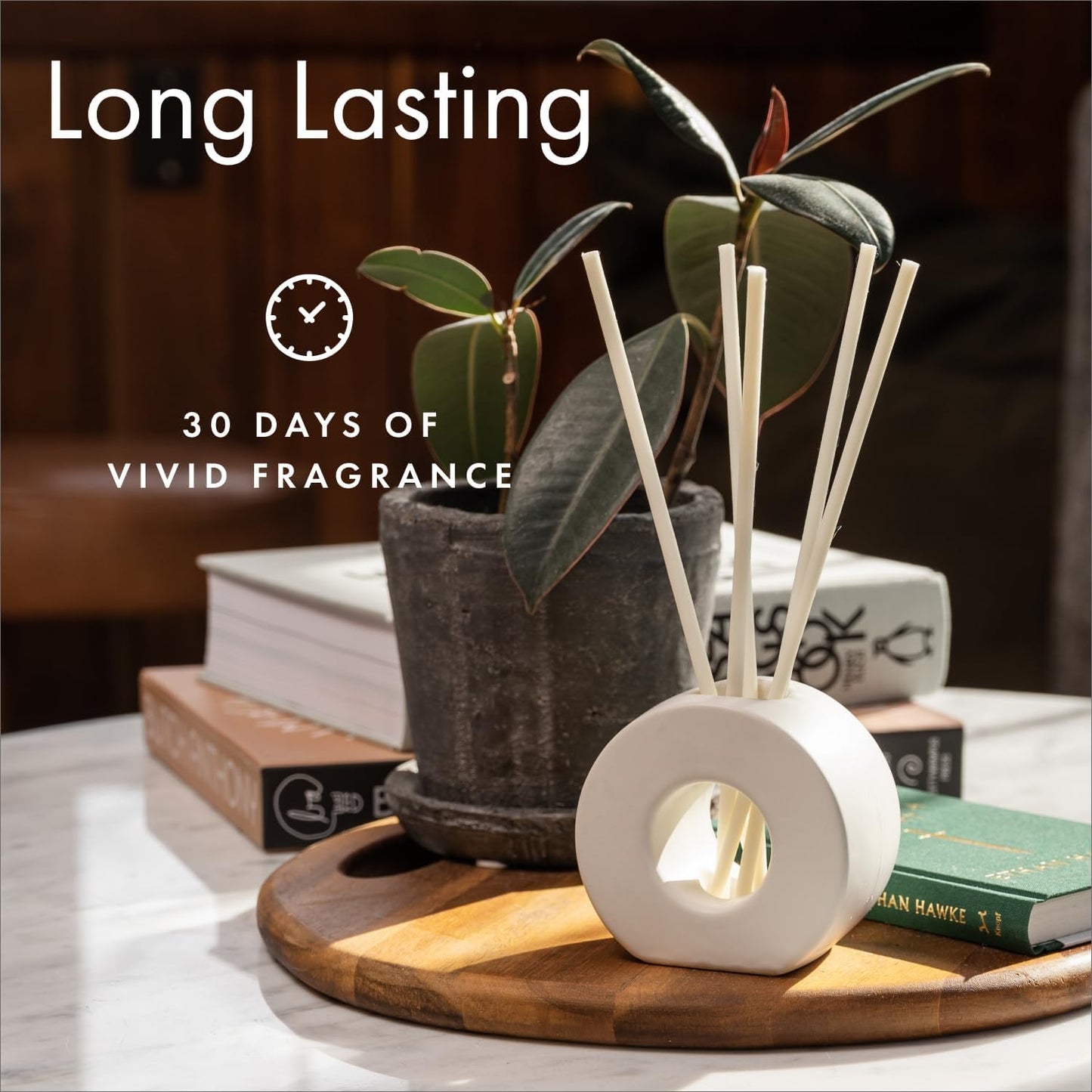 ScentAir Infused Liquidless Reeds | Includes 25 Flameless Reeds and 1 Decorative Vase, White | Essential Oil Aroma Diffuser Sticks | Fresh Spa Scents | Amazon Exclusive | Leather Woods