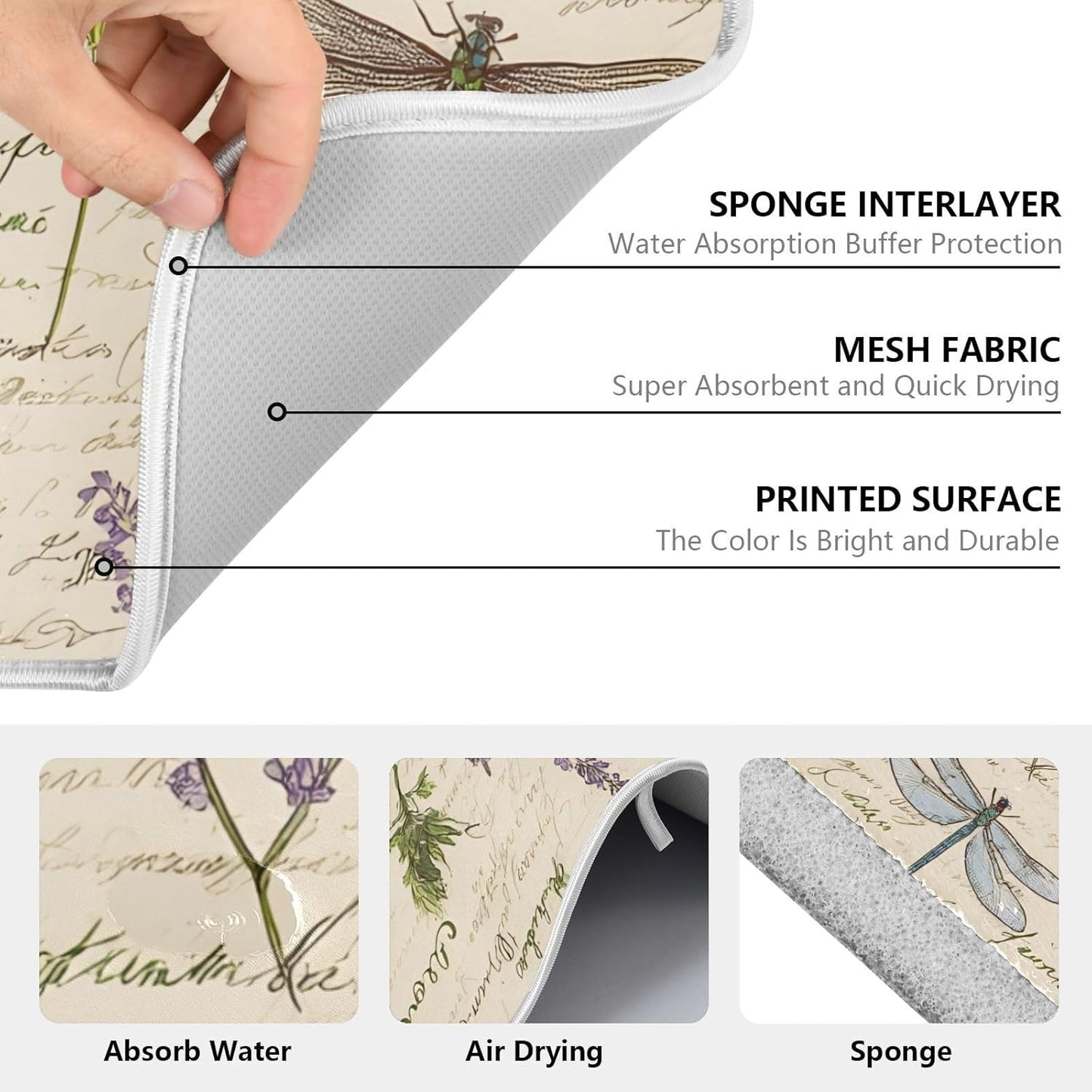 Handwritten Dragonfly Butterfly Dish Drying Mats for Kitchen Counter Absorbent Microfiber Dish Drying Matt 16 x 18 Inch Draining Reusable Rack Pad