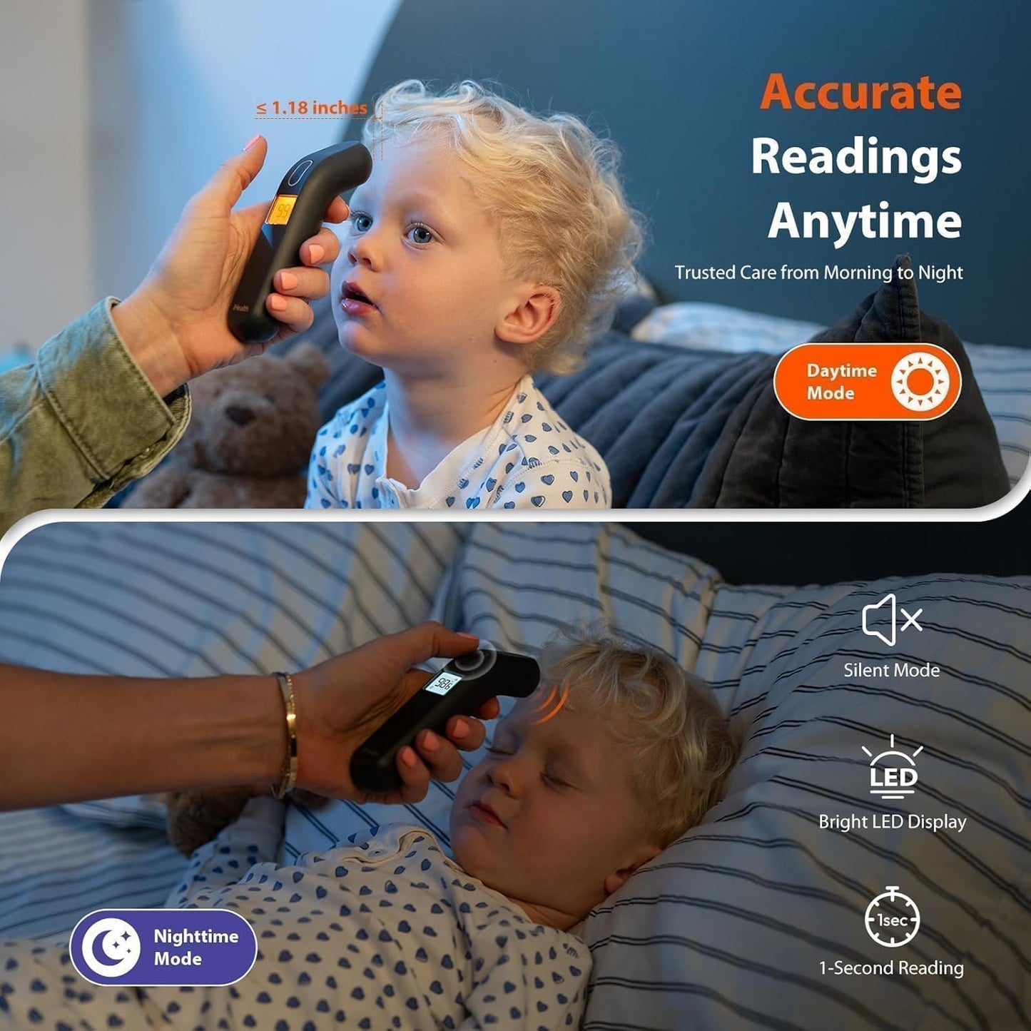 iHealth Touchless Thermometer for Adults and Kids, Color-Coded Alert & Silent Mode, 1-Second Accurate Fever Check, Portable for Home, Travel Use - PT2L Black