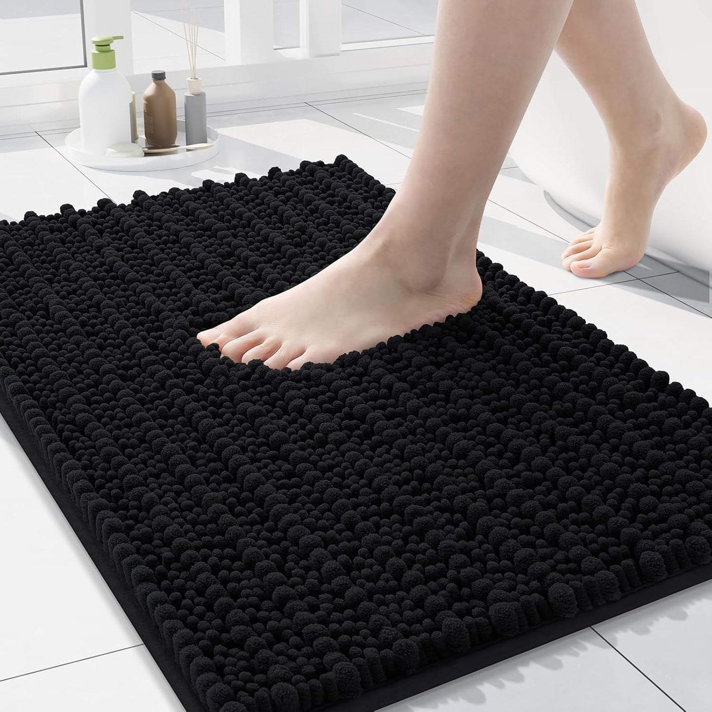 Arotive Luxury Chenille Bathroom Rug Mat, Extra Soft Thick Absorbent Shaggy Bath Rugs, Non-Slip Machine Wash Dry, Plush Bath Mats for Bathroom, Shower and Tub, 30x17, Black