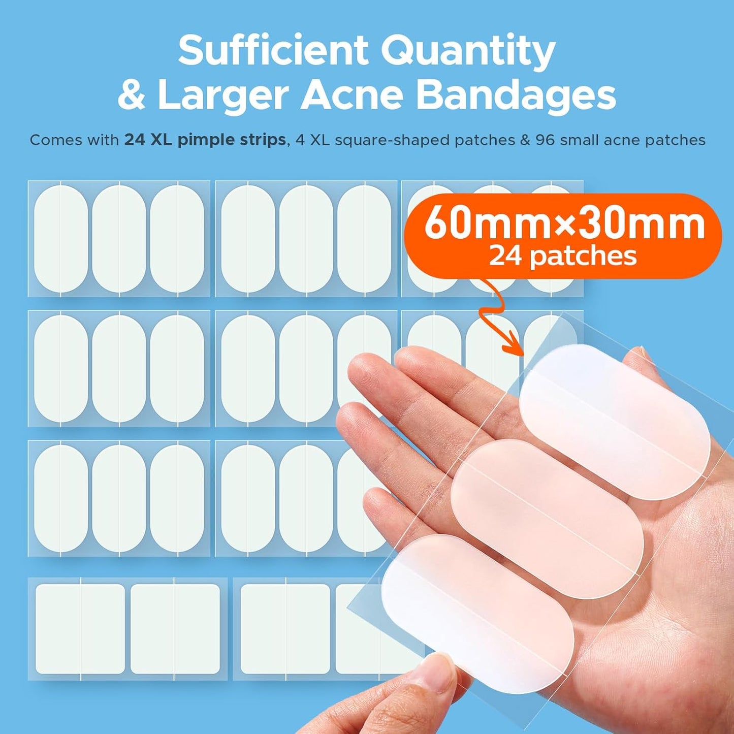 TKTK Large Pimple Patches for Face, 60 x 30 mm XL Acne Patches, Big Hydrocolloid Bandages for Body, Back, Forehead, Chin, Neck Blemish Zit Breakouts (Oval, Square, Dot 5 Sizes 124 Count)