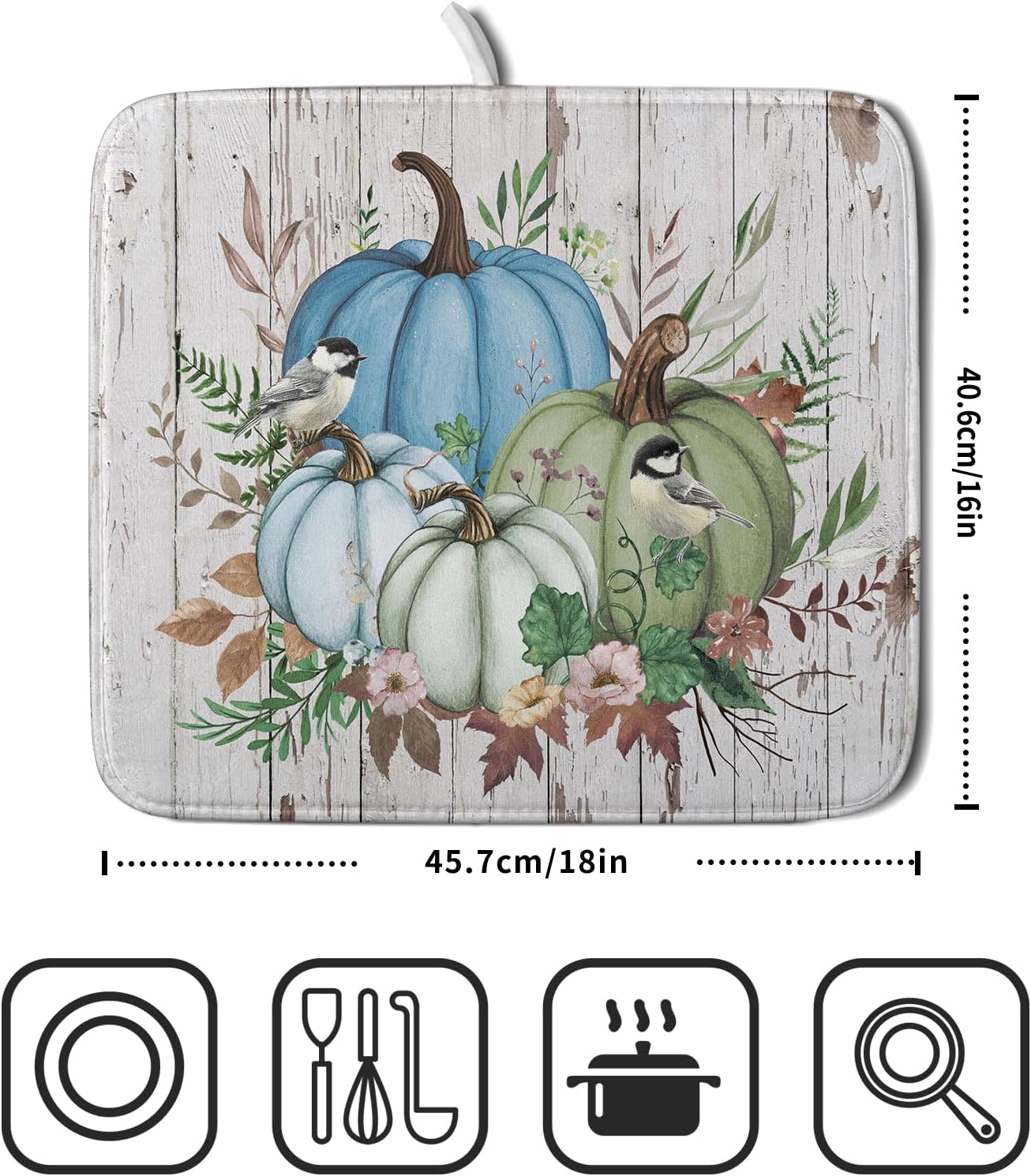 Fall Blue Pumpkin Dish Drying Mat 16x18 inch Autumn Harvest Dish Rack Mats Reversible Microfiber Drainer Pad for Kitchen Countertop Decor