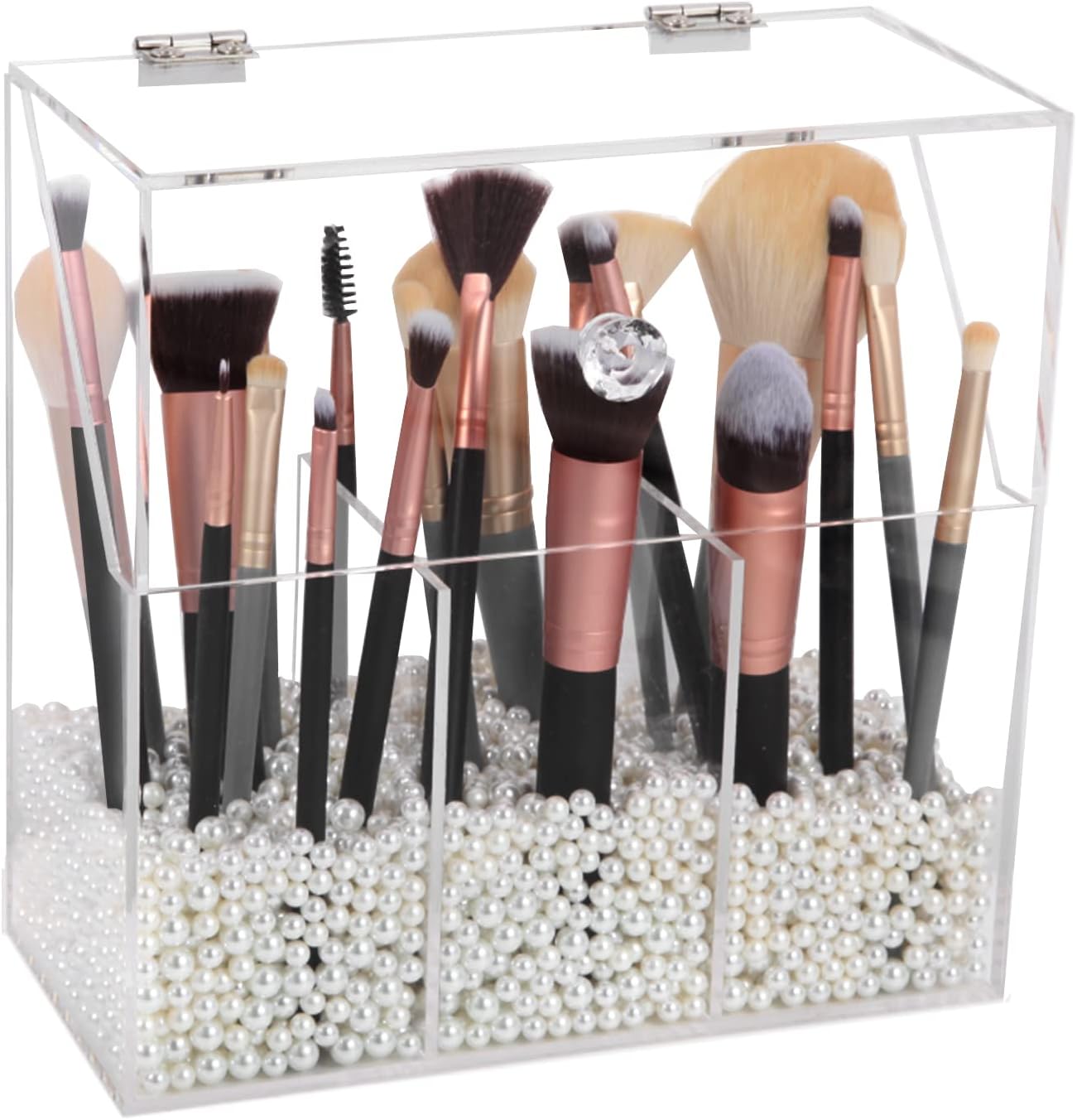Acrylic Makeup Brush Holder, Clear Cosmetic Storage Box with 3 Brush Holders, Dust Cover, Large-Capacity Split Design for Organizing Vanity Desk