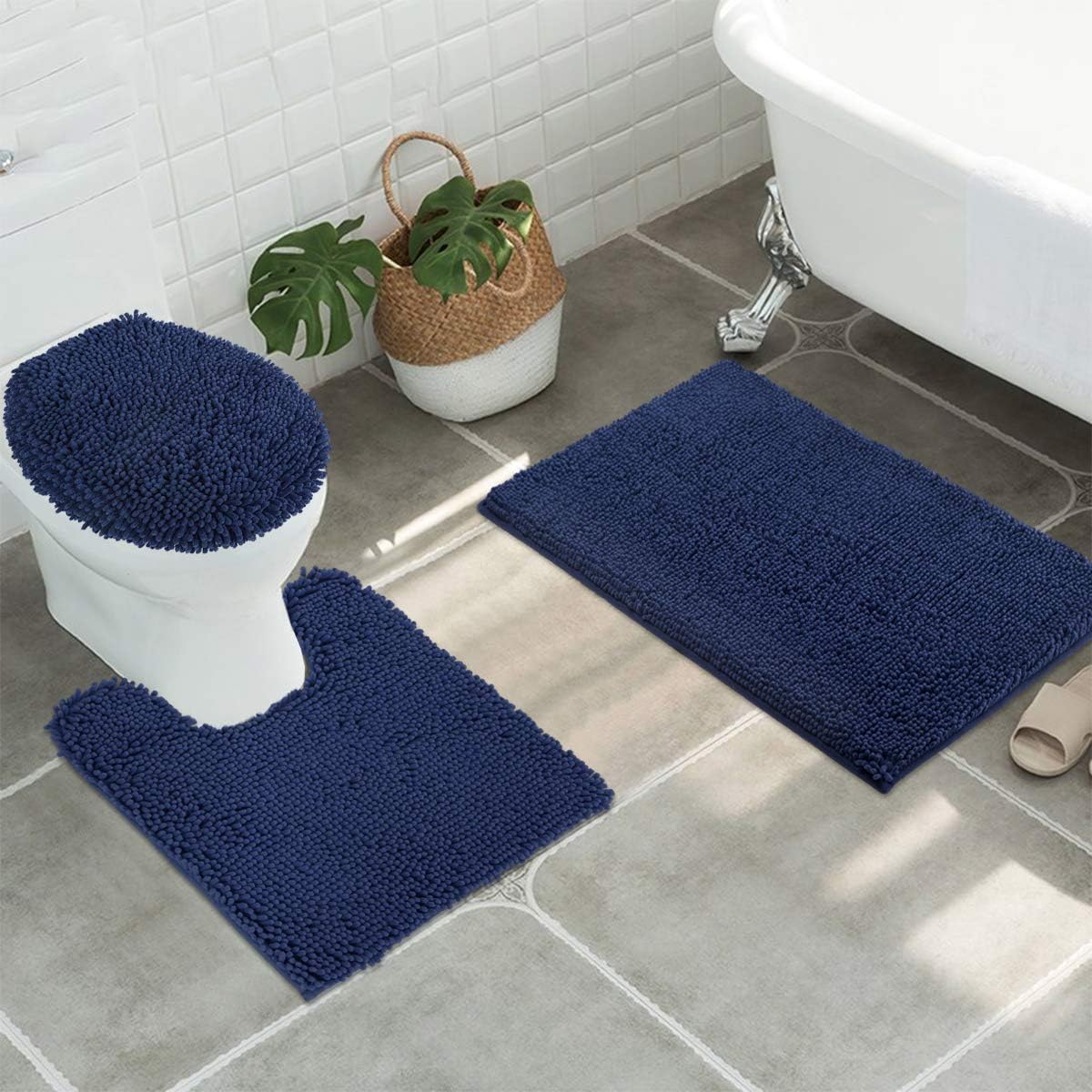 ITSOFT 3pc Non-Slip Shaggy Chenille Bathroom Mat Set, Includes 24 x 21 Inches U-Shaped Contour Toilet Rug, 34 x 21 Inches Bathmat and 1 Toilet Lid Cover, Navy Blue