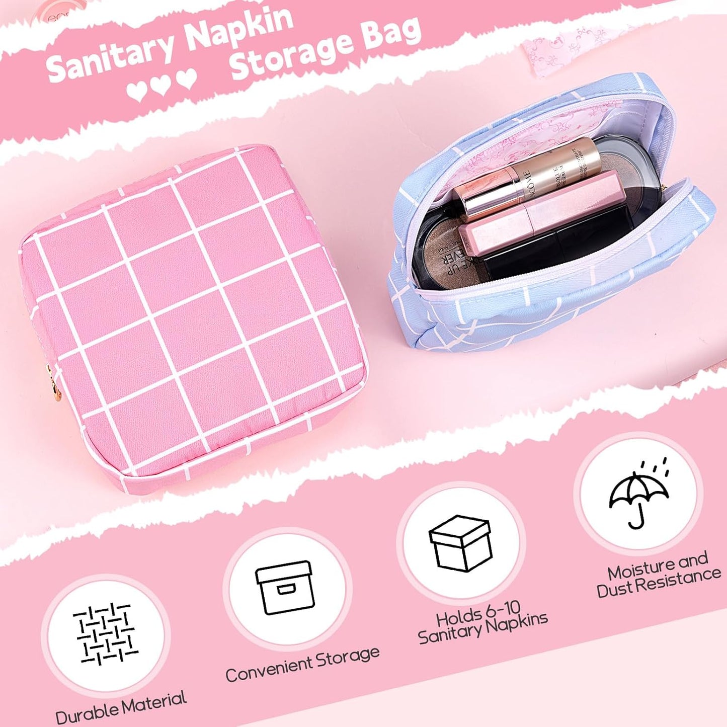 Desing Wish Period Bag Pouch Soft Cloth Sanitary Napkin Storage Bag Portable Menstrual Pad Pouches Tampon Holder for Purse First Period Kit for Girls 9-12 (Pink Plaid)