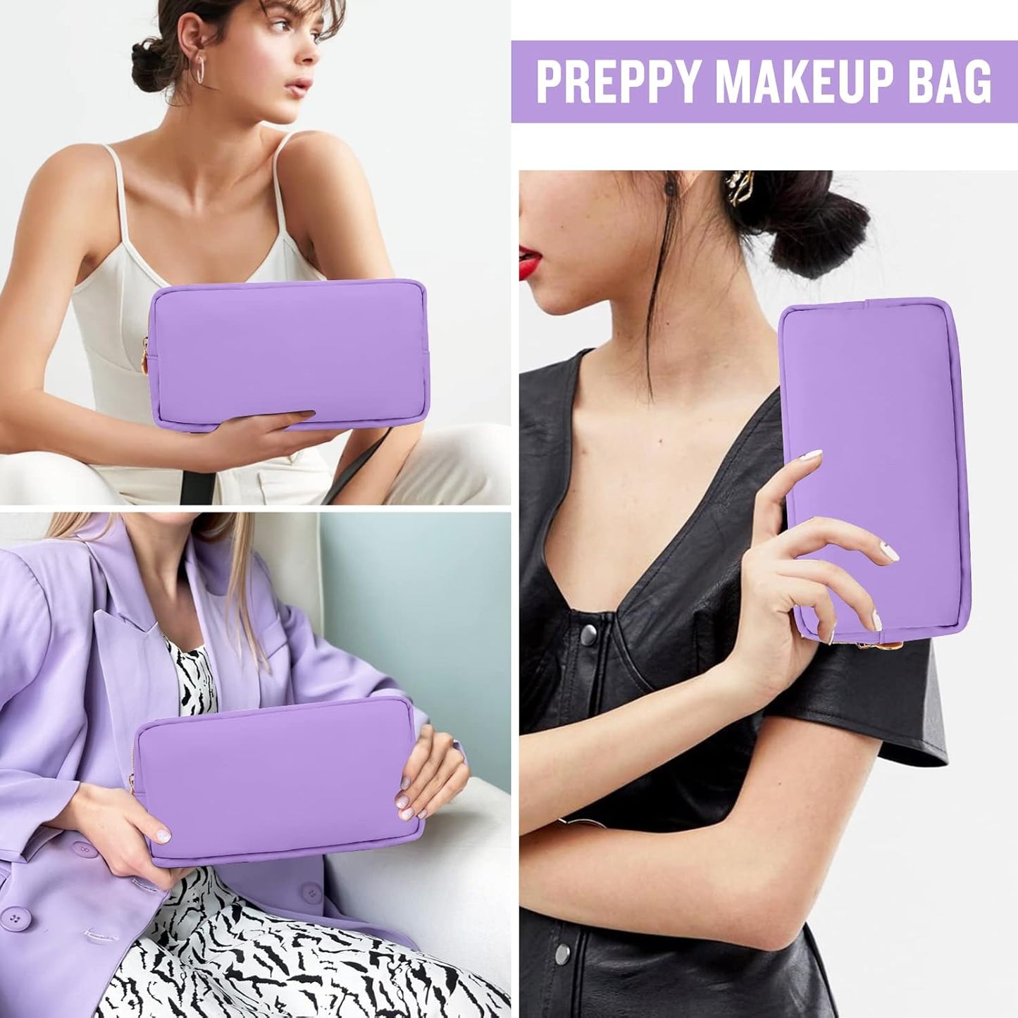 Nylon Small Makeup Bag for Purse, Cute Preppy Makeup Bag Cosmetic Zipper Pouch Purse, Waterproof Portable Travel Toiletry Bag Clutch Makeup Brush Bag Organizer Storage for Women Men Girls(Purple)