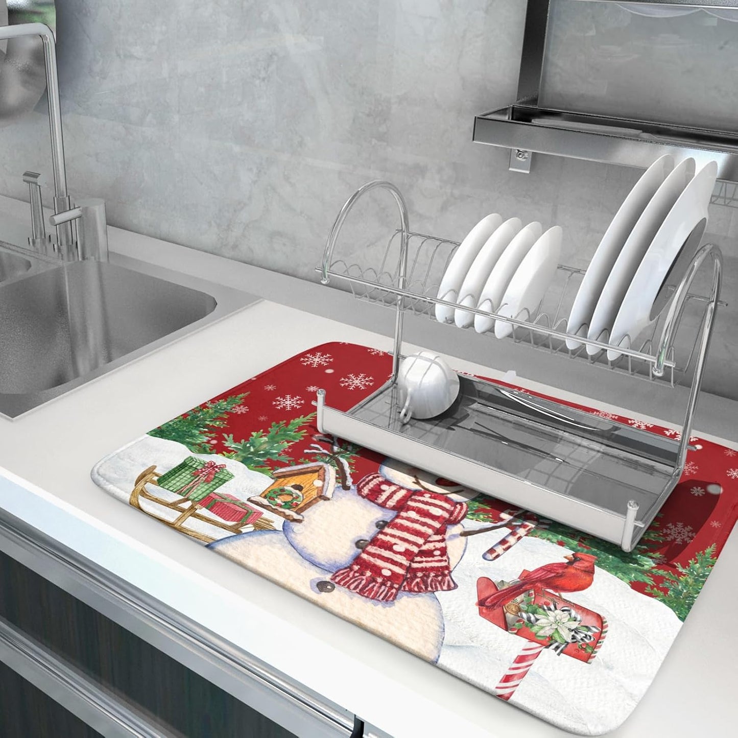Winter Snowman Dish Drying Mat Red Bird Microfiber Dish Pad 18x24 Inch Absorbent Fast Dry Dishes Draining Mats Holiday Kitchen Accessories
