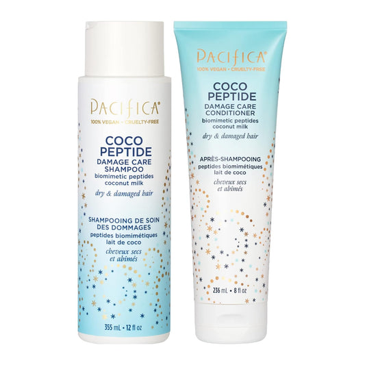 Pacifica Coco Peptide Damage Care Shampoo & Conditioner Set – Repairing Hair Care for Dry Damaged Hair Vegan Collagen & Peptides for Split Ends & Breakage Sulfate Free Clean Vegan Dermatologist Tested