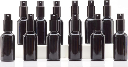 YIZHAO Black Glass Spray Bottles 1oz, with Small Fine Mist Spray, Metal Cap, Refillable for Essential Oil,Travel,Cleaning,Perfume,Aromatherapy,Makeup – 24 Pcs