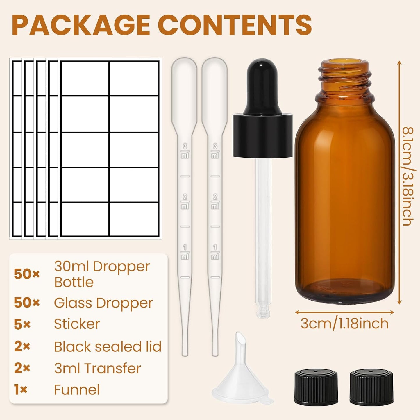 50 Pack 1oz Amber Glass Dropper Bottles Leakproof with Funnels, Eye Droppers, Extra Caps, Labels - Refillable UV 30ml Empty Bottles for Tinctures, Essential Oils, Perfume, Beard, Hair Oil