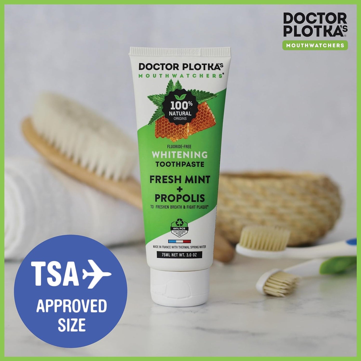 MOUTHWATCHERS Whitening Fluoride Free Naturally Sourced Toothpaste, 3 oz Tube, for Sensitive Teeth and Gums, Organic, SLS Free, Fresh Organic Mint and Propolis, by Dr. Plotka's