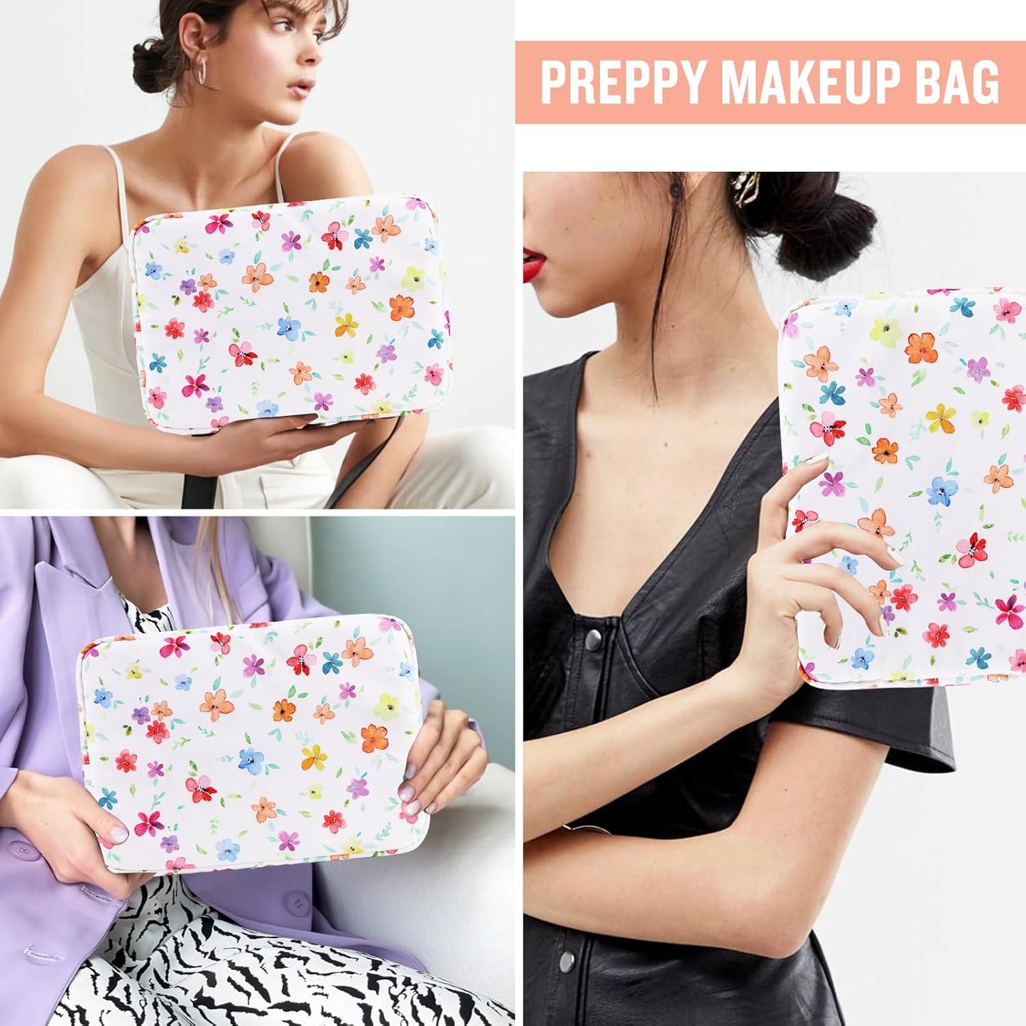 Nylon Large Floral Makeup Organizer Bag, Preppy Big Cute Flower Cosmetic Zipper Pouch Multi-compartment with Dividers, Waterproof Toiletry Makeup Brushes Bag Travel Essentials for Women(White-Flower)