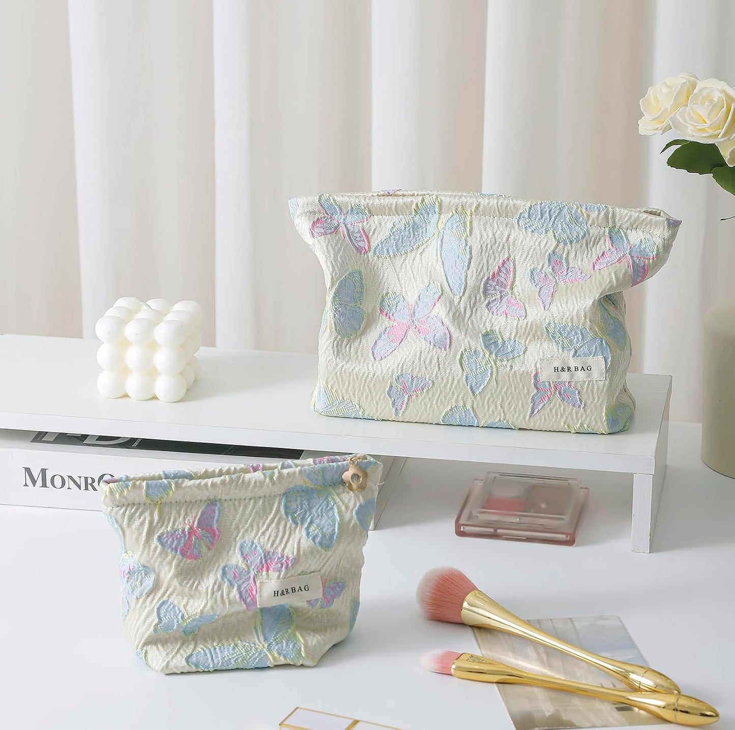 2 Pcs Makeup Bags, Large Cosmetic Bag Travel Toiletry Bag Organizer for Women, Embroidery Craft, Floral Makeup Bag Small Cosmetic Pouch Purse with Zipper Gifts for Girls Teen