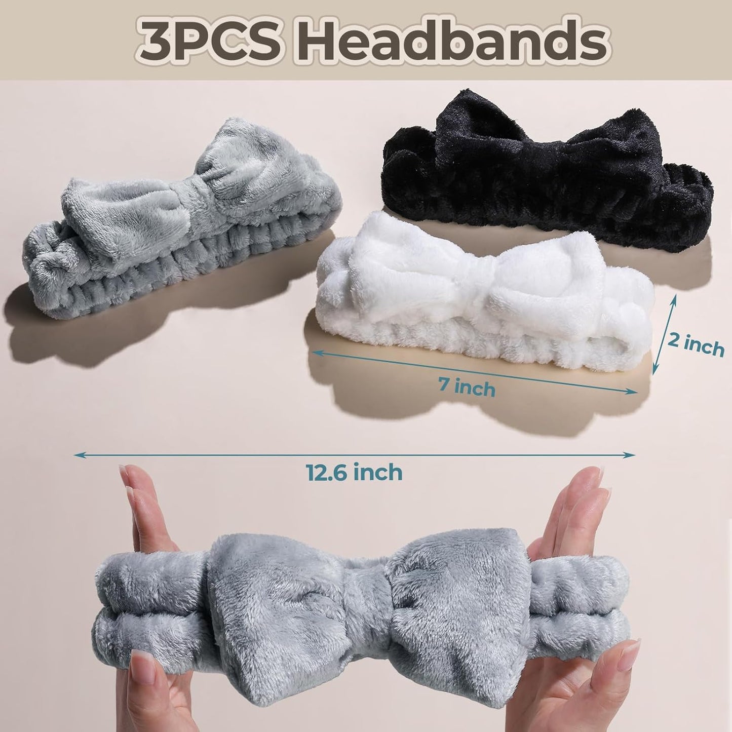 LEOBRO Spa Headband for Skin Care and Makeup, Women Teen Girls Headband for Washing Face, with Hair Scrunchies, Black & White & Gray