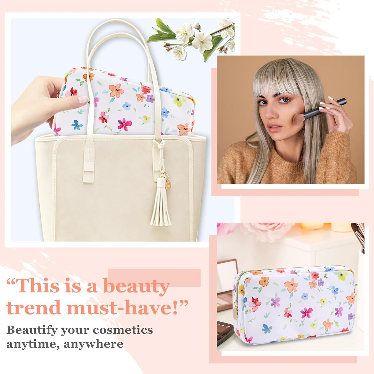 Nylon Small Floral Makeup Bag for Purse, Cute Preppy Makeup Bag Flower Cosmetic Zipper Pouch Purse, Waterproof Portable Travel Toiletry Makeup Brush Bag Organizer Storage for Women Girls(White-Flower)