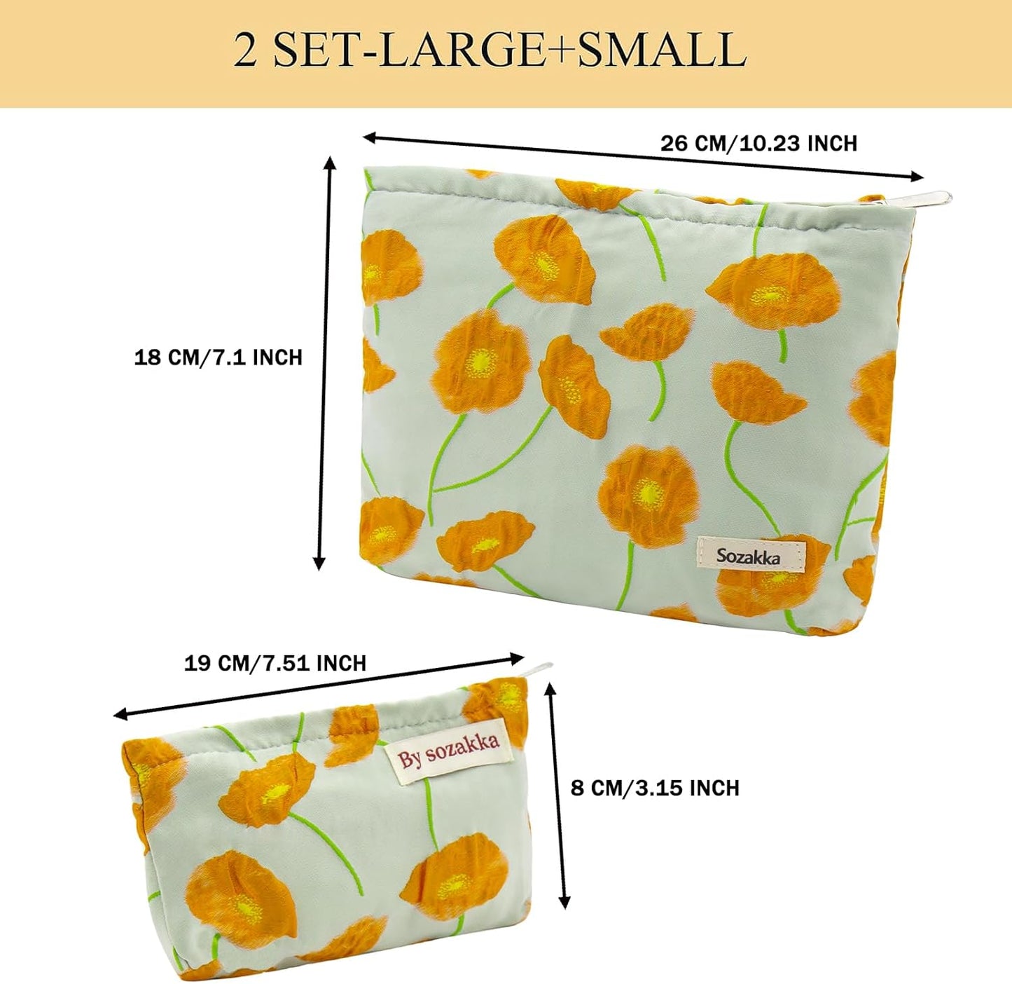 2 Pcs Makeup Bags, Large Cosmetic Bag Travel Toiletry Bag Organizer for Women, Embroidery Craft, Floral Makeup Bag Small Cosmetic Pouch Purse with Zipper Gifts for Girls Teen