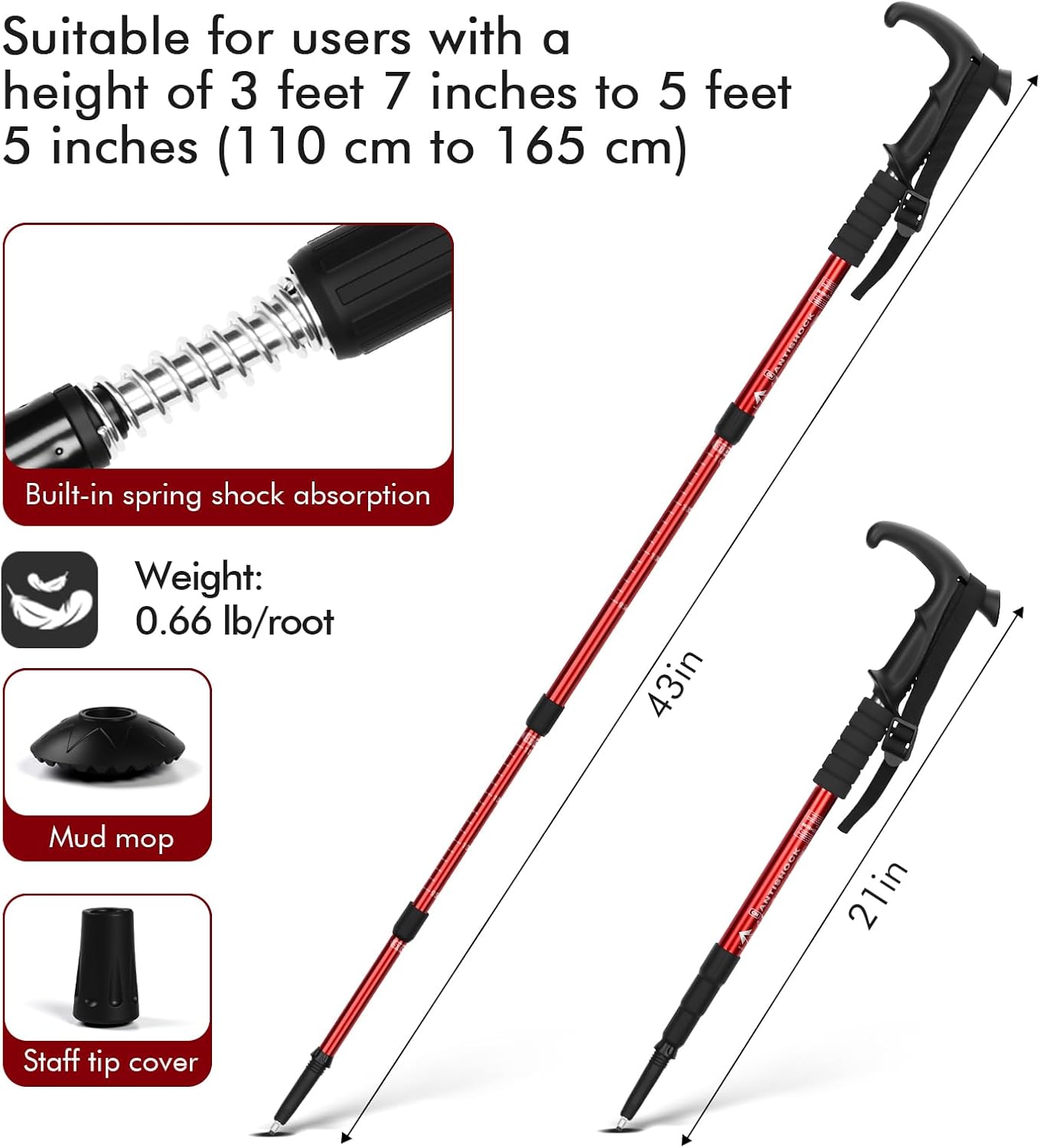 Telescopic Walking Cane 43 Inch with Anti-Shock & T-Grip Handle - 7075 Aluminum Quick Lock Trekking Pole, Ultralight for Hiking, Camping, Mountaineering