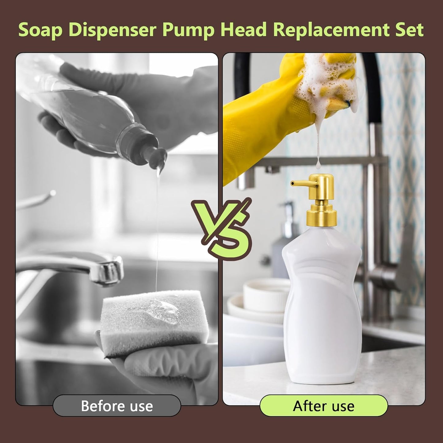 6Pcs Soap Dispenser Pump Head Replacement Set,Reusable Hand Soap Dispenser Top for Bathroom,Kithen Worktop Bottles, Standard Diameter 28/400 Neck Size (6, Gold)