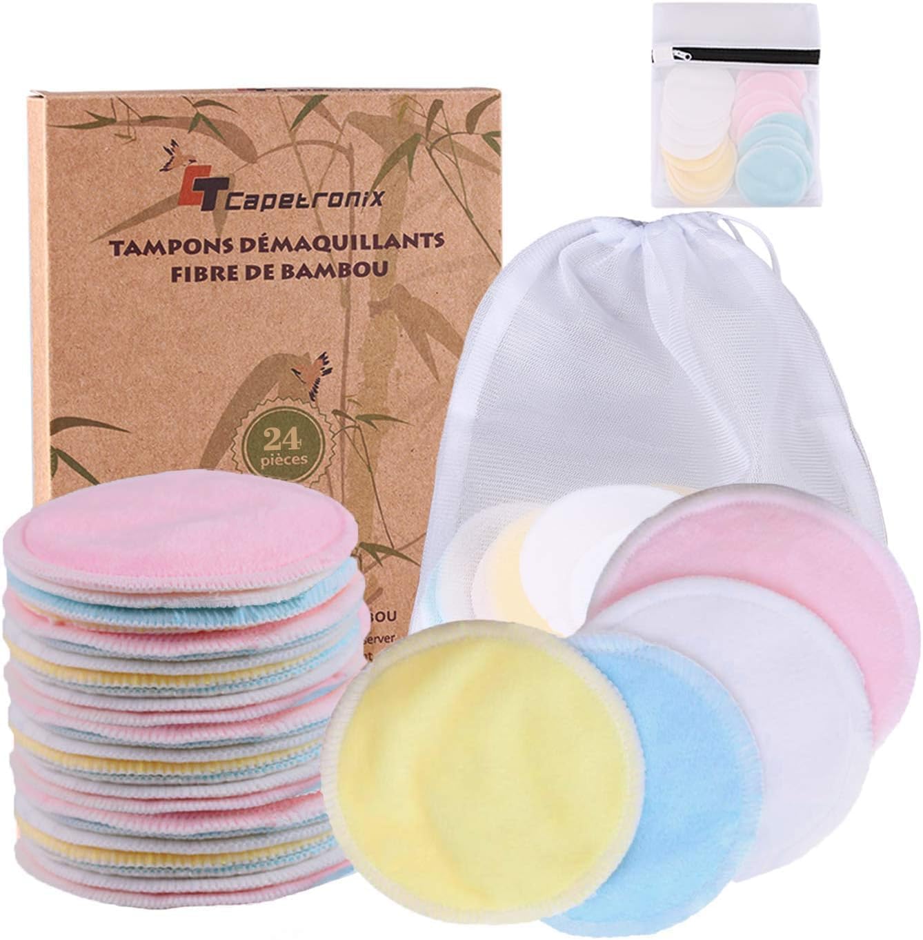 Reusable Makeup Remover Pads (24 Pack) with 2 Bags for Laundry & Storage, Reusable Bamboo Cotton Rounds, Eco-Friendly Reusable Cotton Pads for All Skin Types