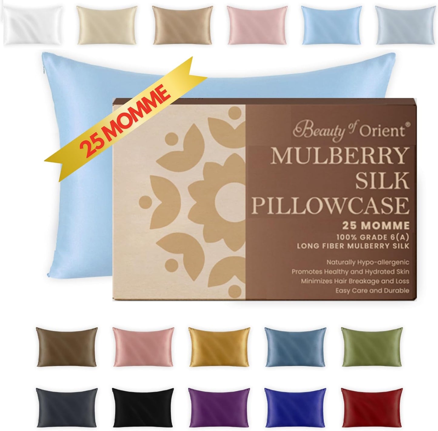 25 Momme Premium Mulberry Silk Pillowcase for Hair and Skin | Handcrafted Hypoallergenic & Anti-Acne Silk Pillow Cases with Zipper | Standard - 20" x 26", Frosty Blue