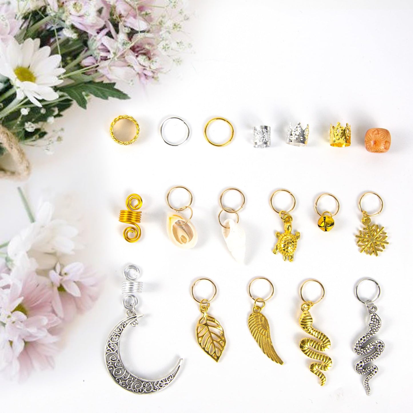 241 PCS Hair Jewelry for Braids and Locs - Metal Gold Silver Clips, Shells, Imitation Wood Beads, Charms, Adjustable Cuffs, Rings for Women and Girls
